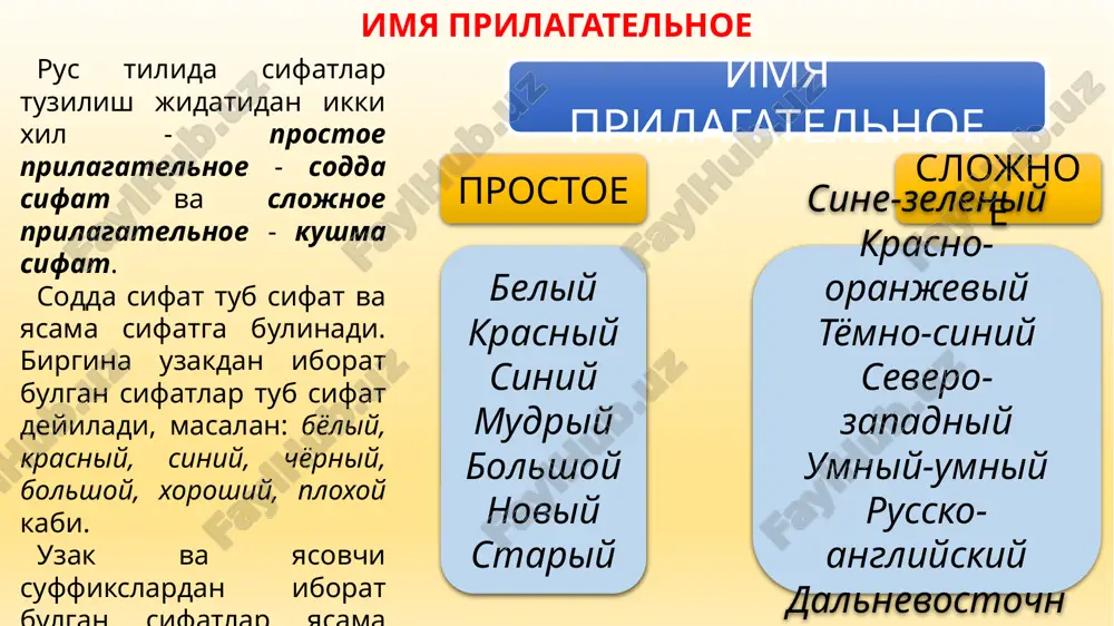 хороший рабочий каби. гапда отлашган сифатлар хам бош, хам эргаш булаклар вазифасида келиши мумкин. демак, шундай сузларни от деб хисоблаш керак. задания для самостоятельного выполнения ответьте на вопросы: что такое имя прилагательное? назовите разряды прилагательных как можно образовать имя прилагательное? что такое качественные прилагательные? что такое притяжательные прилагательные? что такое относительные прилагательные? задание 1 задание 2 задание 3 упражнения упражнение 1. вставьте окончания прилагательных: упражнение 2. запишите имена прилагательные в три столбика. выделите окончания. определи род, число им. прил. вечерн.. звезда, мягк.. одеяло, верхн.. этаж, скрипуч.. дерево, грустн.. картина, серебрист.. иней, соседн.. поле, летн.. заря, золот.. шар. упражнение 3. запишите словосочетания во множественном числе. выделите окончания. у имён прилагательных единственного числа определите род. ярк.. цвет, лёгк.. облако, тёмн.. туча, дремуч.. лес, последн.. стая. упражнение 4. запишите имена прилагательные с именами существительными, данными в скобках. определи род и число. выделите окончания. весенний (ручеёк, листва, дни, солнышко). тихий (ночь, голоса, мальчик, утро). …