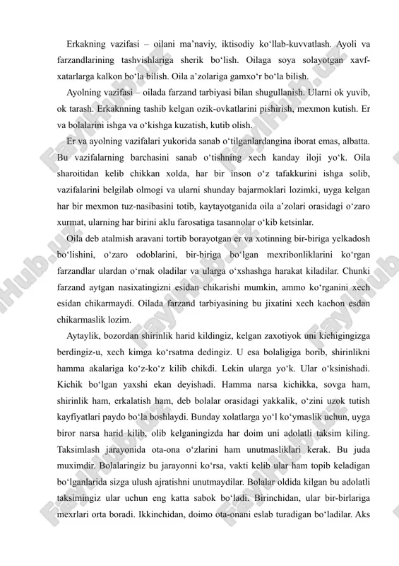 bunday xolatlarga yo‘l ko‘ymaslik uchun, uyga biror narsa harid kilib, olib kelganingizda har doim uni adolatli taksim kiling. taksimlash jarayonida ota-ona o‘zlarini ham unutmasliklari kerak. bu juda muximdir. bolalaringiz bu jarayonni ko‘rsa, vakti kelib ular ham topib keladigan bo‘lganlarida sizga ulush ajratishni unutmaydilar. bolalar oldida kilgan bu adolatli taksimingiz ular uchun eng katta sabok bo‘ladi. birinchidan, ular bir-birlariga mexrlari orta boradi. ikkinchidan, doimo ota-onani eslab turadigan bo‘ladilar. aks xolda olib kelgan narsalaringizni fakat bolalaringizga taksim kiladigan bo‘lsangiz, keyinchalik ular sizni eslamaydigan, fakat o‘zlarini o‘ylaydigan bo‘lib koladilar. ayniksa, karib kuch-kuvvatdan kolganingizda tarbiyada yo‘l ko‘ygan bu xatoingiz siz uchun juda katta azobga, tuzatib bo‘lmas armonga aylanadi. farzandlaringizga bir ko‘z bilan karangiz, kattasini katta, kichigini kichik deb, shunga yarasha ish tutsangiz, kichiklarning kattalari bilan maslaxatlashib ish tutishlariga, kattalarining kichiklarini izzat kilishga, ularni ximoya kilishga odatlantirsangiz, ularni yaxshi ishlarini ma’kullab, ragbatlantirib borsangiz, yomon ishlarini o‘z vaktida kaytarib, bu ishning nima uchun yomonligini yotigi bilan …