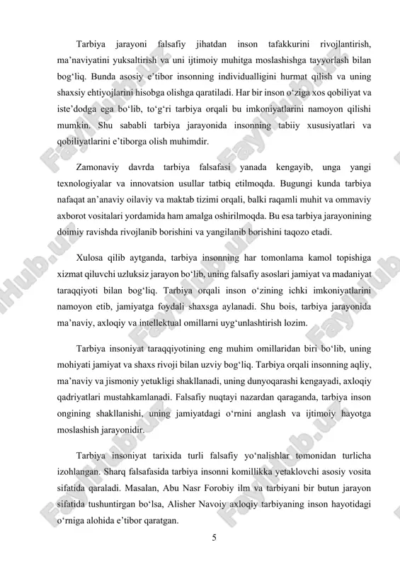 arini boshqara olishi, boshqalar manfaatini ham e’tiborga olishi lozim. shu sababli tarbiya jarayonida axloqiy qadriyatlar muhim o‘rin tutadi. sharq mutafakkirlari inson kamoloti va axloqiy yetukligi haqida juda ko‘p fikrlar bildirganlar. forobiy jamiyat taraqqiyoti va inson baxtini ilm, axloq va adolat bilan bog‘lagan. ibn sino esa insonning ichki dunyosini tarbiya qilish, uni yomon illatlardan tozalash muhimligini ta’kidlagan. alisher navoiy axloqiy yetuklikni insonning eng yuksak fazilati deb bilib, halollik, adolat, shijoat va fidoyilikni tarbiya orqali shakllantirish zarurligini aytgan. g‘arb falsafasida ham inson kamoloti va axloqiy yetuklik muhim masalalardan biri bo‘lib kelgan. aristotel axloqiy yetuklikni odatlar va fazilatlar bilan bog‘lagan bo‘lsa, kant insonning axloqiy mas’uliyatini ong bilan tartibga solish kerakligini ta’kidlagan. zamonaviy falsafada esa inson tarbiyasi nafaqat an’anaviy usullar bilan, balki innovatsion va raqamli texnologiyalar yordamida ham shakllanishi mumkinligi ilgari surilgan. bugungi jamiyatda inson kamoloti va axloqiy tarbiyaning ahamiyati yanada ortib bormoqda. axborot texnologiyalari, internet va ommaviy axborot vositalari inson tarbiyasiga sezilarli ta’sir …