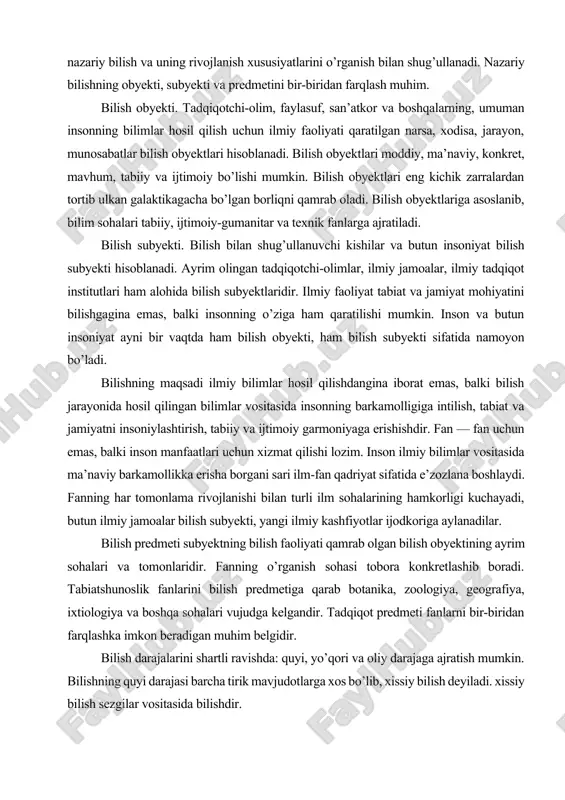 rqlashka imkon beradigan muhim belgidir. bilish darajalarini shartli ravishda: quyi, yo’qori va oliy darajaga ajratish mumkin. bilishning quyi darajasi barcha tirik mavjudotlarga xos bo’lib, xissiy bilish deyiladi. xissiy bilish sezgilar vositasida bilishdir. insonning sezgi a’zolari (ko’rish, eshitish, hid bilish, ta’m bilish, teri sezgisi) boshqa mavjudotlarda bo’lgani singari uning narsalarga xos xususiyat, belgilarini farqlash, tabiiy muhitka moslashish va himoyalanishi uchun yordam beradi. bilishning quyi bosqichida sezgi, idrok, tasavvur, diqqat, xayol tashqi olam to’g’risida muayyan bilimlar hosil qilishga yordam beradi. bilishning yo’qori bosqichi faqat insonlargagina xos bo’lib, aqliy bilish (rasional bilish) deyiladi. agar inson o’z sezgilari yordamida narsa va xodisalarning faqat tashqi xossa va xususiyatlarini bilsa, tafakkur vositasida narsa va xodisalarning ichki mohiyatini bilib oladi. mohiyat hamisha yashirindir, u doimo xodisa sifatida namoyon bo’ladi. har bir xodisada mohiyatning faqat bir tomonigina namoyon bo’ladi. shu boisdan ham xodisa aldamchi va chalg’ituvchidir. binobarin, inson sezgilarining biron bir narsa yoki xodisa to’g’risida bergan ma’lumotlari xech …