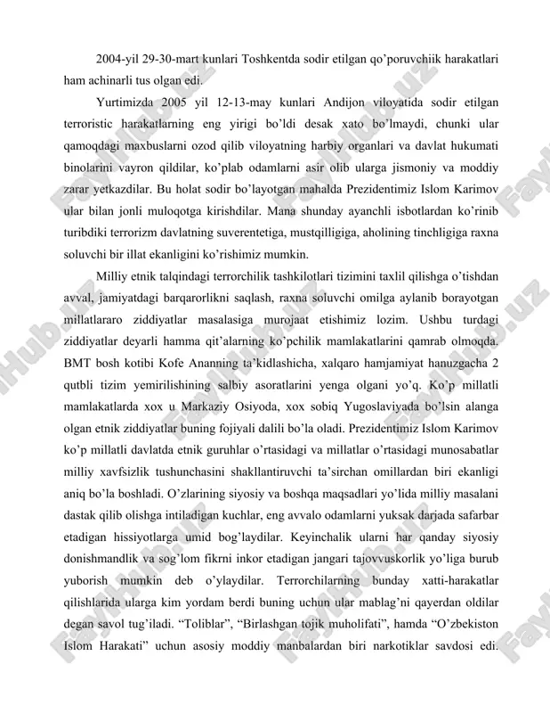 han omillardan biri ekanligi aniq bo’la boshladi. o’zlarining siyosiy va boshqa maqsadlari yo’lida milliy masalani dastak qilib olishga intiladigan kuchlar, eng avvalo odamlarni yuksak darjada safarbar etadigan hissiyotlarga umid bog’laydilar. keyinchalik ularni har qanday siyosiy donishmandlik va sog’lom fikrni inkor etadigan jangari tajovvuskorlik yo’liga burub yuborish mumkin deb o’ylaydilar. terrorchilarning bunday xatti-harakatlar qilishlarida ularga kim yordam berdi buning uchun ular mablag’ni qayerdan oldilar degan savol tug’iladi. “toliblar”, “birlashgan tojik muholifati”, hamda “o’zbekiston islom harakati” uchun asosiy moddiy manbalardan biri narkotiklar savdosi edi. bundan tashqari, ekstremistik islomiy tashkilotlarni moliyaviy ta’minlovchi boshqa manbalar ham mavjud. ba’zi bir nufuzli moliyaviy tuzulmalar, xilma-xil hukumat jamg’armlari hamda xayriya tshkilotlari ularga muntazam ravishda yordam berib turganlar. hozirgi zamon terrorizmi ta’minoti to’g’risida gapirilganda yana bir omilni esdan chiqarmaslik lozimdir. gap shundaki yevropa davlatlari va aqshda sharq va janub mamlakatlaridan kirib kelganlar ham yildan yilga ko’payib bormoqda ular aksariyati mahalliy aholiga qo’shilmay o’zlarining milliy, diniy urf-odat va an’analariga …