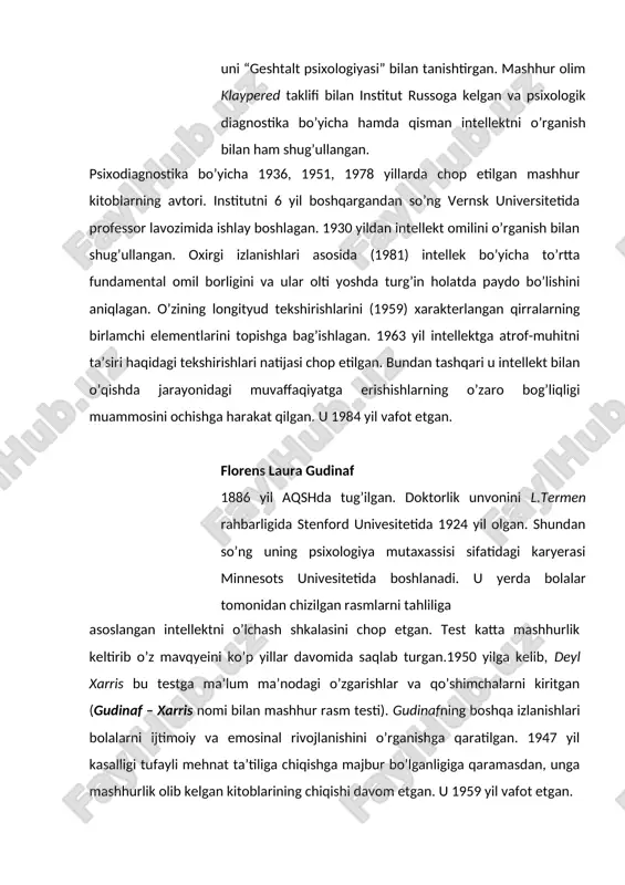 tchilar axloq tuzatuvchi maktabini psixologik laboratoriyasining direktori bo’lgan (1919–1925). gavayi univesitetida klinik psixologiya professori va psixologik klinika direktori lavozimlarida ishlagan (1922–1948). psixodiagnostika tarixiga “labirint”lar avtori sifatida kirib kelgan. uning fikricha, bunday sifatlar o’z-o’zini boshqarish qobiliyati, rejalilik, taktiklik va oldindan ko’ra olishlilikni aniqlash imkoniyatini bergan hamda ijtimoiy moslashuv jarayonida intellektga nisbatan, muhim ahamiyatga ega bo’lgan. qobiliyatlarning individual farqlanishi, porteus fikriga ko’ra, tug’ma hisoblangan. u 1972 yil vafot etgan. arnold lyusius gezell 1880 yil viskonsin shtatining kichik shaharchasida tug’ilgan. shu shtatning universitetida bakalavr darajasini olgan. klark univesitetida doktorlik dissertasiyasini tayyorlagan (1906). keyinchalik ikkinchi doktorlik darajasini tibbiyot ixtisosligi bo’yicha yel universitetida olgan (1915). turli aqsh universitetlarida o’qituvchi lavozimida ishlagan. los-anjelos pedagogika institutida faoliyat yuritgan vaqtida l.termen bilan hamkorlik qilgan. psixologik test o’tkazish bilan shug’ullangan va uning xulosasiga ko’ra, bolalarni rivojlanishini ilk yosh davrlarida aniqlash zarurligini ta’kidlagan. bu tekshirishlar unga nafaqat psixologlar orasida, balki shifokorlar va pedogoglar orasida ham katta shuhrat keltirgan. u 1961 …