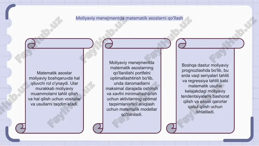 h va boshqarishda hal qiluvchi rol o'ynaydi. bu qiymat, narx va xavfni baholash uchun matematik formulalar va usullardan foydalanishni o'z ichiga oladi. moliyaviy menejmentning matematik asoslari moliyaviy derivativlarni tahlil qilish va baholash uchun asos yaratadi. u hisob-kitoblar, ehtimollar nazariyasi va stokastik jarayonlardan tushunchalarni o'z ichiga oladi. moliyaviy risklarni baholashning miqdoriy usullari moliyaviy menejmentning matematik asoslari - moliyaviy risklarni baholashning miqdoriy usullari moliya institutlariga risklarni yanada samaraliroq baholash va boshqarish imkonini berishda hal qiluvchi rol o'ynaydi. bu usullar bozor riski, kredit riski va operatsion risk kabi turli risklarni hisoblash va miqdorini aniqlash uchun matematik modellardan foydalanishni o'z ichiga oladi. miqdoriy usullarni qo'llash orqali moliyaviy menejerlar xatarlarni kamaytirish va investitsiya daromadini maksimal darajada oshirish uchun asosli qarorlar qabul qilishlari mumkin. e'tiboringiz uchun rahmat