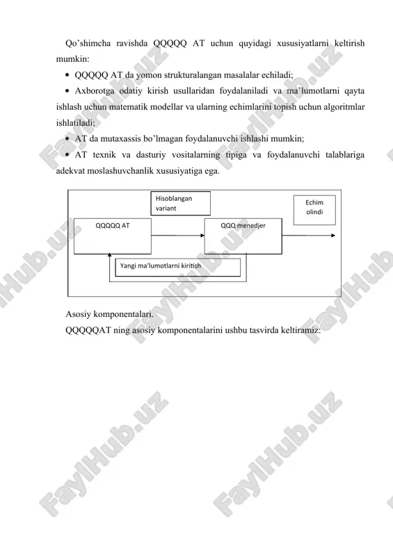 suniy intelektga asoslangan- ekspert tizimlari sohasida ro’y bermoqda. ekspert tizimlari menedjerga o’rganilayotgan muammoli sohaning ekspertlari-eng bilimdon xodimlarining shu sohada yig’ilgan bilimlardan foydalanish imkoniyatini beradi. suniy intelekt deganda kompyuterlarning odamga o’xshab fikr yuritish qobiliyatlari tushuniladi. bunga robotlar yaratish bo’yicha ishlar, odamning nerv tizimini yaratish, uning tovushi, eshitish, ko’rish, tam bilish, o’qish qobiliyatlarini modellashtirish bo’yicha ishlar kiradi. maxsus masalalarni echish maxsus bilimlarni talab etadi. lekin har qanday firma ham barcha sohalar bo’yicha ekspertlarni shtatga kiritish yoki kerak bo’lganda masalahatga taklif qilishga mablag’ ajrata olmaydi. firma ekspertlarning bilimlarini mb ga kiritib foydalanish imkoniyatini qidirishi mumkin. eat lar va qqqqqat lar bir qaraganda o’xshashga o’xshaydi, aslida ularni ajratib turuvchi uchta belgi bor. qqqqqat da xodim qabul qilgan qaror uning bilim darajasi bilan o’lchanadi. eat da qabul qilgan qaror ekspertning bilim darajasi bilan o’lchanadi va u xodimning bilim darajasidan ancha yuqori bo’lishi mumkin. qqqqqat da xodim qabul qilgan qaror tushuntirilmaydi, u xodimga bog’liq. eat da …