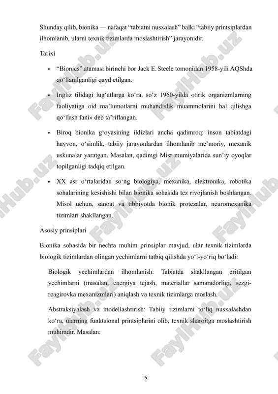 ga mos “qiynalmagan” robot tizimlari. bu yo‘nalish ayniqsa reabilitatsiya, tibbiyot va inson bilan yaqin aloqada bo‘lgan robototexnika sohalarida muhim. biohybrid tizimlar biologik to‘qima yoki hujayralar bilan sun’iy komponentlarning integratsiyasi. masalan, mikrorobotlar ichida tirik hujayralar, sun’iy va biologik elementlar birikmasi. bu yo‘nalish hali keng masshtabda amaliy qo‘llanilmagan bo‘lsa-da, kelajakda innovatsion muolajalar va ilg‘or tizimlar uchun istiqbolli hisoblanadi. texnologik yondashuvlari bionika texnologik jihatdan bir qancha yondashuvlarga tayangan. quyida ularning eng muhimlari: sensor-sezgi modullari va aktuatatsiya tirik organizmlarda sezgi organsiz harakat samarali bo‘lmasligi mumkin. shu sababli bionika sohasida “sun’iy sezgi” — sensorlar (masalan, optik tactile sensorlar) va “sun’iy mushaklar” — aktuatorlar rivojlanyapti. misol uchun, “neurotac” deb nomlangan optik tactile sensor — inson terisidagi papillar tuzilishini imitatsiya qiluvchi sensor bo‘lib, robotlarda yoki protezalarda sezgi funksiyasini yaxshilashga yo‘naltirilgan. asab-mashina interfeyslar (neural interfaces / brain-computer interfaces, bci) insonga sun’iy qo‘lni mushak signallari orqali boshqarish imkonini beradigan usullar. bu yo‘nalishda miyadan yoki mushaklardan signallarning olinishi, algoritmlar orqali …