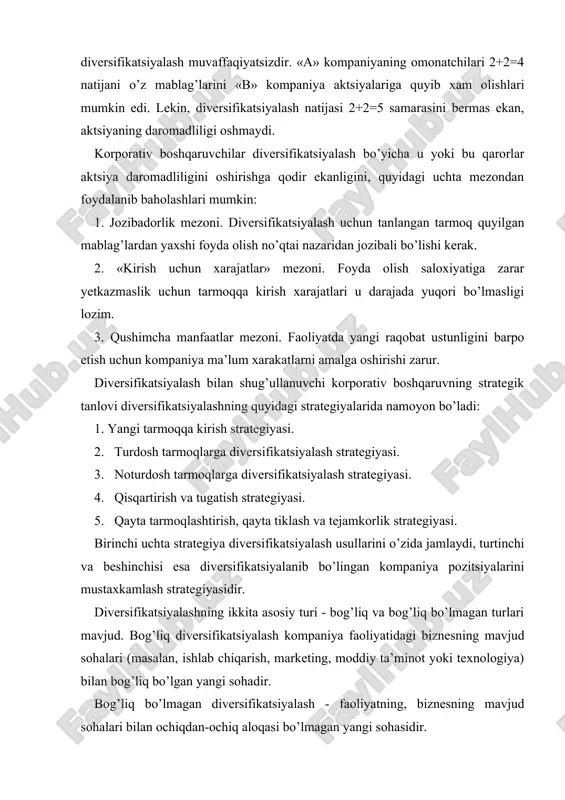 lgilab olish va xo’jalikning o’rta bugini faoliyatini kuzatib borish; - korporativ kapitallarni raqobatlashuvchi o’rta korxonalar o’rtasida joylashtirish. bunday sharoitlarda o’rta korxonalar asosiy idoraning faqat moliyaviy nazorati ostida bo’lgan mustaqil daromad markazlari vazifasini bajaradi. qayta tarkiblashtirish strategiyasi ichki kapitallar bozori strategiyasi turlaridan biridir. ular o’rtasidagi farq korporatsiyaning o’rta korxonalar faoliyatiga aralashuv darajasidadir. kompaniya faoliyatini diversifikatsiyalashda bunday kompaniyani boshqarish qiymatini ham hisobga olish talab qilinadi. ushbu xarajatlar o’rta korxonalar soni va ular o’rtasidagi koordinatsiya zarurati bilan aniqlanadi. masalan, ma’lum bir sinergizm mavjud bo’lgan 12 ta o’rta korxonadan iborat kompaniyadagi boshqarish xarajatlari sinergizm bo’lmagan 10 ta o’rta korxonadan iborat kompaniyadagiga qaraganda ko’proq bo’ladi (10-rasmga qarang). koordinatsiyaga ehtiyoji kuchli bo’lgan kompaniya o’z mavqeini o’rta korxona sinergizmi orqali kuchaytirishga intilmoqda, deb faraz qilaylik. koordinatsiyaga bo’lgan ehtiyoji unchalik kuchli bo’lmagan kompaniya esa ichki kapital bozori yoki qayta strukturalash strategiyasiga rioya qiladi. xarajatlar diversifikatsiyalash darajasi 7.2.-rasm. koordinatsiyaga sarflanadigan solishtirma xarajatlarning diversifikatsiya darajasiga bog’liqligi bog’liq bo’lmagan diversifikatsiyalashda o’rta …