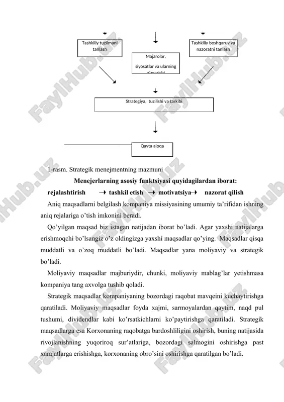 tish; · mablaglarni foydali joylashtirish uchun byudjetni boshqarish; · korxona strategiyasini amalga oshirishni ta’minlaydigan siyosatni belgilash; · xizmatchilarning yanada samaraliroq ishlashlari uchun ragbatlantirish; · erishiladigan natijalar va muqofotlar xajmini bir‑biriga bog’lash; · kompaniyada belgilangan vazifalarni bajarish uchun qulay muxit yaratish; · kompaniya personalini ta’minlovchi ichki sharoitlarni yaratish, ya’ni xar bir personalning strategik rolini samarali ijro etish sharoitlarini yaratish; · ishni doimiy yaxshilash uchun eng ilgor tajribalardan foydalanish; · ichki raxbarlikni ta’minlash; yuqoridagi 4 ta vazifalar bir necha bor qayta ko’rib chiqiladi, chunki yangi yo’zaga keladigan holatlar to’zatishlar kiritishni talab qiladi. o’tgan tajribalar va kompaniyaning istiqbol maqsadlari o’zgarishlar kiritilishi mumkin. strategiyani muvaffaqiyatli amalga oshirish yo’llarini axtarish doimiy xisoblanadi.strategiyani amalga oshirishda ba’zi qismlari keraksiz bo’lib, ularni o’zgartirish kerak bo’ladi. strategik boshqarish jarayonining ta’rifi yuqorida ko’rib o’tilgan strategik boshqarish vazifalarining xar biri doimiy tahlil va qarorlar qabo’l qilishni talab etadi: ishni belgilangan yo’nalishda davom ettirish kerakmi yoki unga o’zgartirishlar kiritish kerakmi? chunki strategik …