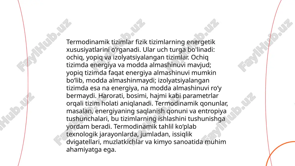 i. ushbu tushuncha texnik va energetik tizimlarni loyihalashda muhim ahamiyatga ega. ... t.me/slaydai_bot 13. isitish va sovitish tizimlari isitish va sovitish tizimlari hozirgi kunda energiya tejash va qulaylikni ta'minlash uchun muhim sanaladi. isitish tizimlari asosan gaz, elektr yoki qattiq yoqilg'ida ishlaydi. sovitish tizimlari esa havo konditsionerlari va ventilyatsiya orqali amalga oshiriladi. samarali tizimlar energiya iste'molini 30-50% gacha kamaytirishi mumkin. o'zbekistonda yangi qurilishlarda zamonaviy isitish va sovitish tizimlari qo'llanilmoqda. haroratni optimal darajada saqlash odamlarning produktivligini oshiradi va yashash sharoitlarini yaxshilaydi. yiliga o'rtacha 4-6% energiya tejash mumkin. zamonaviy tizimlar avtomatlashtirilgan va masofadan boshqarish imkoniyatiga ega. termodinamikaning 1-qonuni muhammadqulova shahlo e'tiboringiz uchun raxmat! image1.png image2.png image3.png image4.png image5.png image6.png image7.jpg image8.png image9.png /docprops/thumbnail.jpeg