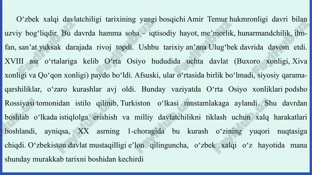 osimizni tiklash, har tomonlama keng oʻrganish va targʻib etish borasidagi keng koʻlamli ishlar doirasida “avesto” kitobi ham yangidan xalqimizning maʼnaviy mulkiga aylantirildi. 2001-yili “avesto” yaratilganining 2700-yilligi yurtimizda xalqaro miqyosda keng nishonlandi. shu munosabat bilan kitobning toʻliq matni oʻzbek tiliga tarjima qilinib, chop etildi. bu nodir ilmiy asarlarning qoʻlyozma va bosma nusxalari oʻzbekiston rsepublikasi fanlar akademiyasi sharqshunoslik instituti jamgʻarmasida saqlanadi. hozirgi oʻzbek olimlari a.qayumov, h. homidov, m. is’hoqov, n. rahmonov va boshqalarning ilmiy tadqiqot va maqolalari eʼtiborlidir. 9 mil. av 1 ming yillik boshlarida ya’ni mil.avv. viii-vii asrlarda vatanimiz hududlarida “katta xorazm”, “baqtriya”, “so’g’diyona”nomi bilan mashhur bo’lgan dastlabki davlatlar barpo bo’lgan. xorazm davlati egallagan hudud, hozirgi xorazm yerlari bilan chegaralanib qolmay, balki undan ancha janubiga (marv, turkmaniston, hirot (afg’oniston shimoliy) atroflarigacha yoyilgan. mil. av so’ngi ming yillikning boshlariga tegishli amirobod madaniyati, quyi amudaryo havzasida yuzaga kelgan o’ziga xos sun’iy sug’orish inshoati hamda dastlabki shaharsozlik timsoli bo’lgan shahar hisoblanadi. qal’alaliqir, ko’zaliqir va …