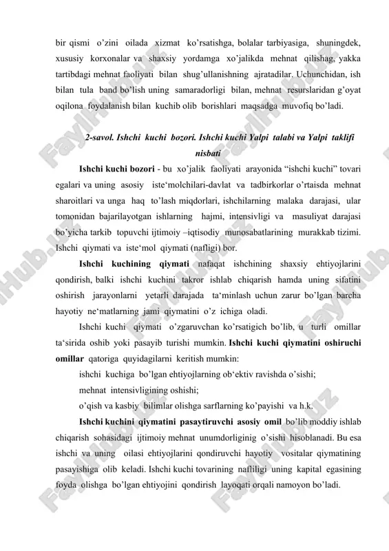 n, ishchi kuchi bozori ishchi kuchi yalpi taklifning unga bo’lgan yalpi talabdan doimiy ravishda to’proq bo’lishi tendentsiyasi bilan tavsiflanadi. bu esa bozorda ishchilar band bo’lmagan qismi (ishsizlar) ning paydo bo’lishiga olib keladi. to’rtinchidan, bozor iqtisodiyotining tsiklli rivojlanishi odatda inflyatsiya va ishsizlik bilan birga boradi. ya‘ni ishchilar hayot darajasining pasayib ketishi (narxlarning oshishi, ish haqining qisqarishi, to’lovga qodir talabning pasayishi va h.k.) orqali namoyon bo’ladi. mehnatga layoqatli aholi umumiy sonida ishsizlarning ulushi qanchalik oz bo’lsa narxlarning inflyatsiya ta‘siri ostida o’sish sur‘atlari shunchalik yuqori bo’ladi. ingliz iqtisodchisi a. fillij ishsizlik va inflyatsiyaning o’sishi o’rtasidagi bog’liqlikni ko’rsatib berib, bu bog’liqlikni ifodalovchi egri chiziq filips egri chizig’i deb nom oli. unga ko’ra, inflyatsiya darajasini 1% ga pasaytirish uchun ishsizlikni 2% ga o’stirish lozim bo’ladi. filips egri chizig’i w, p % u.% w-nominal ish haqining o’sish surati; r-inflyatsiya darajasi; u-ishsizlik darajasi. ishsizlik va inflyatsiya darajasidagi nisbatni tartibga solishda davlatning iqtisodiy siyosati asosiy rol o’ynaydi. davlat …