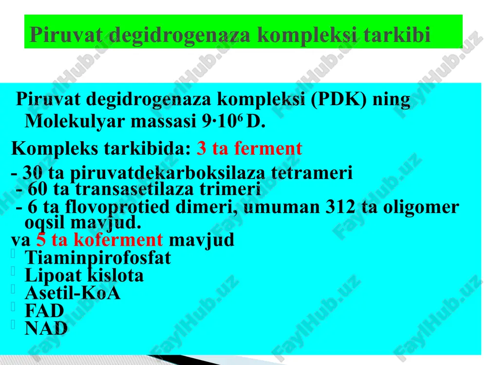 trat siklida oksidlanishi d) sitrat siklini nafas zanjiriga vodorodlarni etkazib berishi. 2. piruvatni va α-ketoglutaratni dekarboksillanishida qatnashadigan kofermentni toping. a) tgfk b) biotin c) tpf d) fmn 3. piruvatdegidrogenaza kompleksini joylashuvi? a) mitoxondriyaning ichki membranasida matriks tomonida b) mitoxondriyaning tashqi membranasini ichki tomonida c) mitoxondriyaning ichki membranani tashqi tomonida d) mitoxondriya matriksida testlar: 4. pirouzum kislotaning oksidlanib dekarboksillanishi bilan atsetil-koa hosil bo’lish jarayonini boshqaruvchi multiferment sistemaga mansub uch asosiy fermentni kursating: a. piruvatkinaza b. piruvatdegidrogenaza c. laktatdegidrogenaza d. digidrolipoilatsetiltransferaza e. enolaza f. digidrolipoildegidrogenaza 5. piruvatning oksidlanib dekarboksillanishini boshqaruvchi multifermentlarga taalluqli 5 ta kofermentni ko’rsating: a. glutation b. tpf c. tgfk d. lipoat e. fmn f. koenzim-a g. koenzim-q h. fad i. udf j. nad 6. piruvatdegidrogenaza kompleksiga murakkab birikkan 3 kofermentni ko’rsating: a. tpf b. lipoamid c. fad d. katalaza e. ubixinon f. sitoxrom testlar: 7. krebs sikli energetik funksiyani bajaradi. a. 1 molekula atsetil-koa ni krebs xalqasida oksidlanishi natijasida …