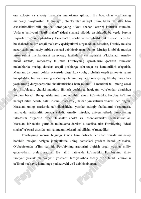 lar. bu tahlil natijasida ko‘rinadiki, forobiyning ilmiy faoliyati yuksak ma’naviyatli yoshlarni tarbiyalashda asosiy o‘rin tutadi, chunki u ta’limni ma’naviy kamolotga yetkazuvchi yo‘l deb hisoblagan. abu rayhon beruniy – ilmiy tadqiqotlari va yoshlar dunyoqarashini shakllantirishdagi ahamiyati abu rayhon beruniy (973–1048 yillar) o‘rta osiyo allomalarining eng buyuk polimatlaridan biri bo‘lib, uning ilmiy faoliyati astronomiya, matematika, geologiya, tibbiyot va falsafa sohasida keng qamrovli. beruniyning asosiy asarlari orasida “hindiston”, “qonuni mas’udiy” va “tafhim” kitoblari mavjud bo‘lib, bu asarlar orqali u ilmiy tadqiqotlarning yangi usullarini kiritgan. u tajriba va kuzatuvga asoslangan ilmiy yondashuvni rivojlantirgan, bu esa yoshlar dunyoqarashini shakllantirishda muhim ahamiyatga ega.beruniyning ilmiy tadqiqotlarining yoshlar dunyoqarashidagi ahamiyati chuqur tahlil qilinsa, u ilmiy fikrlashni ob’ektivlik va haqiqatni izlash asosida qurganligi ko‘rinadi. masalan, “hindiston” asarida beruniy hind madaniyati va ilmini ob’ektiv ravishda o‘rgangan, bu esa yoshlarga turli madaniyatlarga hurmat bilan qarashni o‘rgatadi. uning nazarida, ilm – bu insonning ruhiy olamini boyituvchi vosita, chunki u koinot sirlari haqida …