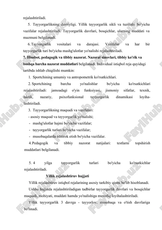 aqalar mavsumi yakunlanganidan, toki yangi mavsum - yangi tayyorgarlik sikli boshlangunga qadar davom etadi. o'yin davrida maxsus-ixtisoslashtirilgan yuklamalar hajmi imkoni boricha kamaytiriladi. bu davr shartli ravishda uch bosqichga bo'linishi maqsadga muvofiq. masalan: agar o'tish davri 30 kunni tashkil etsa, birinchi o'n kun davomida yuklamalar (ixtisoslashtirilmagan yuklamalar: erkin yugurish, gimnastika, suzish va h.k.) hajmi va shiddati sekin-asta kamaytirilishi lozim. ikkinchi o'n kunlikda ish qobiliyatini tiklovchi, sog'lomlash-tiruvchi va chiniqtiruvchi vositalardan foydalanish maqsadga muvofiq. uchinchi o'n kun davomida sekin-asta ish qobiliyatini faollashtiravchi mashqlardan foydalanish tavsiya etiladi. umuman o'tish davrida asosiy e'tibor funksional imkoniyatlarni oshirish va bioenergetik resurslar zaxirasini jamlashga qaratilish darkor. yillik rejalashtiruv hujjatlari asosida, tezkor rejalashtiruv hujjatlari ishlab chiqilishi zarur: ishchi reja, mashg'ulot bayonnomasi va mashg'ulotjadvali. ushbu tezkor rejalashtiruv hujjatlari yillik rejada loyihalashtirilgan barcha jarayonlarni yanada aniqlashtiradi va aksariyat hollarda joriy nazorat natijalariga ko'ra mashg'ulotlar hajmi, shiddati, mazmuni, takrorlanishi va yo'nalishiga qisman yoki to'liq o'zgartirishlar, qo'shimcha rejalarni kiritishi mumkin. yillik tayyorgarlik siklining …