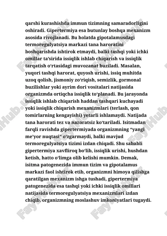 va issiqlik chiqarish o‘rtasidagi muvozanat buziladi. bu holatda gipotalamusdagi termoregulyatsiya markazi tana haroratini boshqarishda faol ishtirok etmaydi, shuning uchun gipertermiya xavfliroq hisoblanadi. 📊 isitma va gipertermiyaning sabablari turi infeksion omillar noinfeksion omillar isitma viruslar (gripp, covid-19), bakteriyalar (angina, pnevmoniya, sil), parazitlar (bezgak), zamburug‘lar autoimmun kasalliklar, o‘smalar, emlashdan keyingi reaksiya, dori vositalarining nojo‘ya ta’siri gipertermiya infeksion sabablar bilan bog‘liq emas yuqori tashqi harorat, quyosh urishi, issiq muhitda uzoq qolish, jismoniy zo‘riqish, semizlik, gormonal buzilishlar, ayrim dorilar isitma klinik jihatdan asta-sekin rivojlanadi va ko‘pincha infeksion kasalliklarning belgisi sifatida namoyon bo‘ladi. tana harorati ko‘tarilishidan oldin sovuqni his qilish, titroq, terining oqarishi kuzatiladi, keyinchalik esa terlash kuchayadi. bosh og‘rig‘i, mushak va bo‘g‘imlardagi og‘riqlar, umumiy holsizlik, uyquchanlik, ishtahaning pasayishi, ba’zan ko‘ngil aynishi va qusish kuzatiladi. bolalarda isitma paytida hushdan ketish, tirishishlar, hatto gallyutsinatsiyalar ham bo‘lishi mumkin, keksalarda esa isitma yashirin kechib, faqat ongning chalkashishi yoki umumiy zaiflik bilan namoyon bo‘ladi. isitma immun tizimning himoya reaksiyasi …