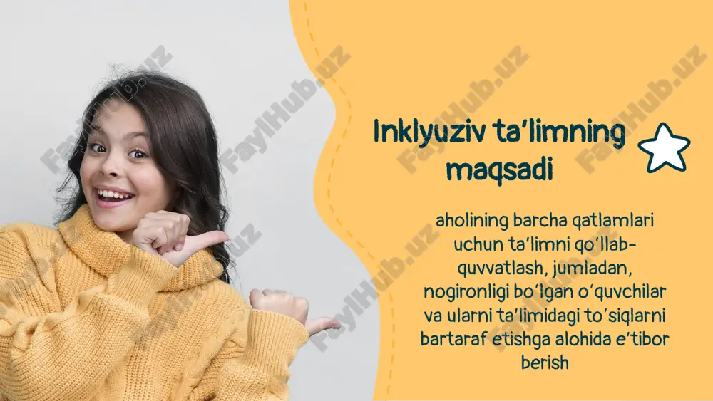 y nazar har doim kattalar yordamiga muhtoj farzanddir. uni alohidalash yoki alohida nom bilan “anamal bolalar”, ((ko‘r bolalar), (kar bolalar) va xakozo tushunchalar bilan ajratib ko‘rsatish insonparvarlik nuqtai nazariga to‘g‘ri kelmaydi. ushbu tushunchalar imkoniyati cheklangan bolalar va o‘smirlarning huquqlarini kamsitish bilan bir qatorda ota-onalarga ham salbiy ta'sir etadi. imkoniyati cheklangan bolalar normal rivojlanishdagi bolalar kabi topshiriq va vazifalarni tezlik bilan mukammal amalga oshira olmasalarda, ammo imkoniyat darajada bajara oladilar.shuning uchun ham tahqirlashga yo‘l qo‘ymaslik, bolaning huquqlarini himoya qilish, ularga ijobiy munosabatda bo‘lish tarbiyalashning muhim vazifalaridan biridir. inklyuziv ta'lim vazifalari ijtimoiy moslashtirishni amalga oshirish; tenglik huquqini kafolatlash yashash huquqini ro‘yobga chiqarish do’stona munosabatni shakllantirish ijobiy sharoitlarni yaratish kamsitishlarni oldini olish iklyuziv ta’lim imkoniyatlari ateb o‘quvchilar ijtimoiy va umumiy rivojlanishlari uchun optimal shart-sharoitlar jamiyat fuqarolik erkinliklari, teng huquqlar, inson qadr-qimmati sog‘lom o‘quvchilar cheklovlarni yengish tajribasi, salomatlikni qadrlash, dangasalik yengish oila hududiy maktabga borish oqibatida oilada qolish, ta’limni tanlash huquqi maktab yangi qadriyatlar, …