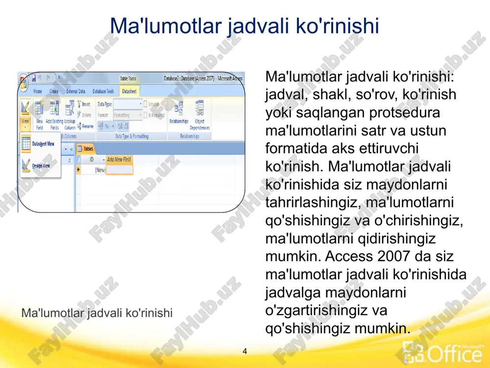 artiblash tartibi katta-kichik harflarga qarab tartiblash tartibidan qanday farq qilishini ko'rsatadi. 19 tashqi ma'lumotlar microsoft access ilovasining yorliqlaridan biri bo'lib, u bizga kirishdan istalgan ma'lumotlarni eksport qilish hamda ma'lumotlar bazasiga kirish uchun tashqaridan har qanday boshqa ma'lumotlarni, jadvallarni va hokazolarni import qilish imkonini beradi. ushbu yorliqda import, eksport, ma'lumotlarni yig'ish va sharepoint ro'yxatlari kabi variantlar mavjud. tashqi ma'lumotlar yorlig'i 20 matn fayli, elektron jadval fayli yoki ma'lumotlar bazasi jadvalidan ma'lumotlarni access jadvaliga nusxalash uchun. import qilingan ma'lumotlardan yangi jadval yaratish uchun foydalanishingiz mumkin yoki uni mos keladigan ma'lumotlar strukturasiga import opsiyalari 21 22 ob'ektlaridan foydalanishi uchun ma'lumotlar va ma'lumotlar bazasi ob'ektlarini boshqa ma'lumotlar bazasiga, elektron jadval fayliga yoki fayl formatiga nusxalash . ma'lumotlarni turli xil qo'llab-quvvatlanadigan ma'lumotlar bazalari, dasturlari va fayl formatlariga eksport opsiyasi 23 har xil eksport imkoniyatlari saqlangan eksportlar: oldindan saqlangan import operatsiyalarini ko'rish va ishga tushirish excel eksporti: tanlangan hujjatlarni microsoft office excel faylida elektron jadvallarga eksport …