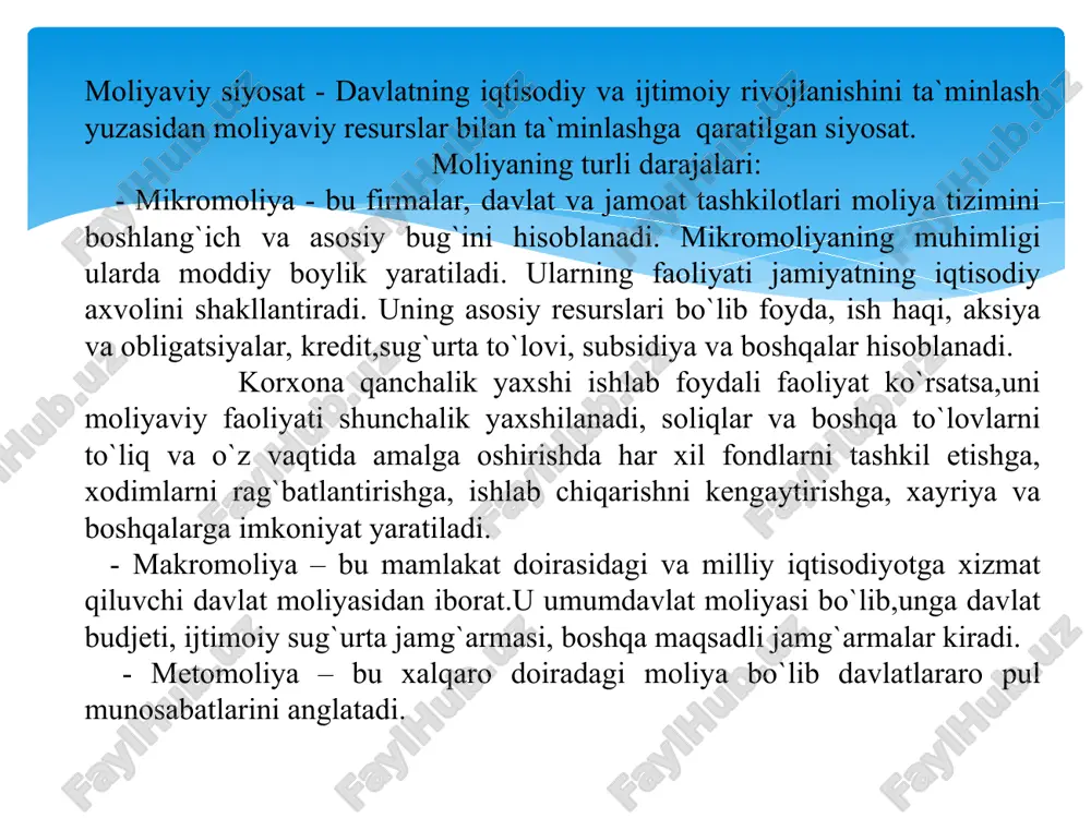 jumladan, ijtimoiy tashkilotlar, kasaba uyushmalari, yoshlar va faxriylar tashkilotlari ,ijodiy uyushmalar, sport jamiyatlari va shu kabilardan iborat bo`lib, ularning moliyaviy resurslari asosan tashkilot azolik badallari,tijorat faoliyatidan olingan daromadlar, xomiylar va xayriya mablag`lari hisobiga tashkil topadi va shu tashkilotlar nizomiga asosan foydalaniladi. ayrim korxona va tashkilotlar moliyasining xususiyatlari mavzuning 5 savolida yoritilgan. davlat budjeti moliya tizimining bosh bug`ini hisoblanadi. u yordamida davlat boshqaruv organlari funksiyalarini taminlash uchun markazlashgan pul fondlari shakllantiriladi va ishlatiladi. davlat budjeti mamlakatning asosiy moliya rejasi hisoblanadi va oliy majlis tomonidan qonun holida tasdiqlanadi. davlat budjeti orqali davlat xalq xujaligi tarakiyotini, ijtimoiy - madaniy tadbirlarni, mudofani,davlat xokimiyati va boshqaruv organlarini saqlash moliyalashtiriladi. budjetdan tashqari jamg`armalar, soliqlar kabi ma`lum maqsadga yunaltirilgan ajratma va ushlovlardan tashkil topadi. budjetdan tashqari jamg`armalar so`mmasining asosiy qismi maxsulot (ish xizmat) lar tannarxiga kiritiladi va u asosan ish haqi fondiga nisbatan foizlarda belgilanadi. budjetdan tashqari maqsadli jamg`armalardan biri pensiya jamg`armasi hisoblanadi.ushbu jamg`armaning shakllanishi va undan …