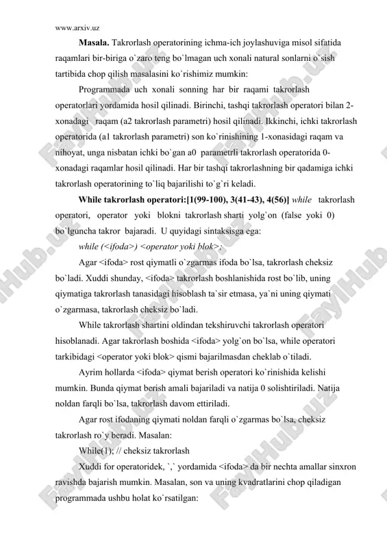 an, birorta jarayonni davom ettirish yoki to`xtatish haqidagi so`rovga javob olish va uni tekshirish zarur bo`lsin. ko`rinib turibdiki, jarayonni boshlamasdan oldin bu so`rovni berishning ma`nosi yo`q. hech bo`lmaganda takrorlash jarayonining bitta qadami amalga oshirilgan bo`lishi kerak: programma toki “ jarayonni to`xtashish (n):_``so`roviga (n) javobi kiritilmaguncha davom etadi. bu operator ham cheksiz takrorlanishi mumkin: do; while (1); masala. har qanday 7 katta butun sondagi pul miqdorini 3 va 5 so`mliklarda berish mumkinligi isbotlansin. qo`yilgan masala p=3n+5m tenglamasi qanotlantiruvchi m,n sonlar juftliklarini topish masalasidir (p-pul miqdori). bu shartning bajarilishini m va n o`zgaruvchilarining mumkin bo`lgan qiymatlarining barcha kombinatsiyalarida tekshirish zarur bo`ladi. unsigned int pul; //pu1- kiritiladigan pul miqdori unsigned n3,m5; //n-3 so`mliklar , m-5 so`mliklar soni bool xato=fa1se; //pu1 qiymatini kiritilgandagi xatolik programma pul qiymatini kiritishni so`raydi (pu1 o`zgaruvchiga).agar pul qiymati 7 sonidan kichik bo`lsa, bu haqda xabar beriladi va takror ravishda qiymat kiritish talab qilinadi. pul qiymati 7 dan katta bo`lganda, …