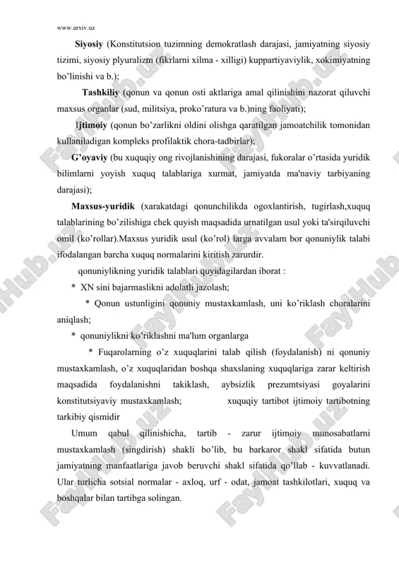 sial normalar - axloq, urf - odat, jamoat tashkilotlari, xuquq va boshqalar bilan tartibga solingan. ijtimoiy tartibot - bu jamiyat a'zolari o’rtasida mujassamlashgan barkaror ijtimoiy munosabatlar tizimi bo’lib, sotsial adolat goyalarini ifodalovchi, normativ tartibga solish tizimining butun ta'siri natijasida turmush tarzi sifatida tasdiklangan munosabatlardir. huquqiy tartibot ijtimoiy tartibotning bir qismi bo’lib xisoblanadi, fakat u barcha sotsial normalarning regulyativ xarakati natijasida mujassamlashmasdan, balki fakatgina xuquq normalari orqali mujassamlanadi. shunday ekan, xuquqiy tartibot - bu xuquq normalari tomonidan tartibga solinadigan ijtimoiy munosabatlar tizimining bir qismidir. uning xarakat doirasida xuquq normalari orqali tartibga solinadigan barcha ijtimoiy munosabatlar yotada. huquqiy tartibot o’ziga xos xususiyatlari quyidagilardan iborat : huquq normalarida rejalashtirilgan; ushbu normalarni tatbiql etish natijasida yo’zaga keladi; davlat tomonidan ta'minlanadi;ijtimoiy munosabatlarni tashkiliylashtirilishi uchun sharoit yaratadi, insonni ancha erkin, (mustaqil) qilib, xayot sharoitini yengillashtiradi; qonuniylikning natijasi sifatida yo’zaga chiqadi; qonuniylik huquqiy tartibot bilan o’zviy bog’liq bolib, u orqali amalga oshiriladi. huquqiy tartibot jamoat tartibining bir …