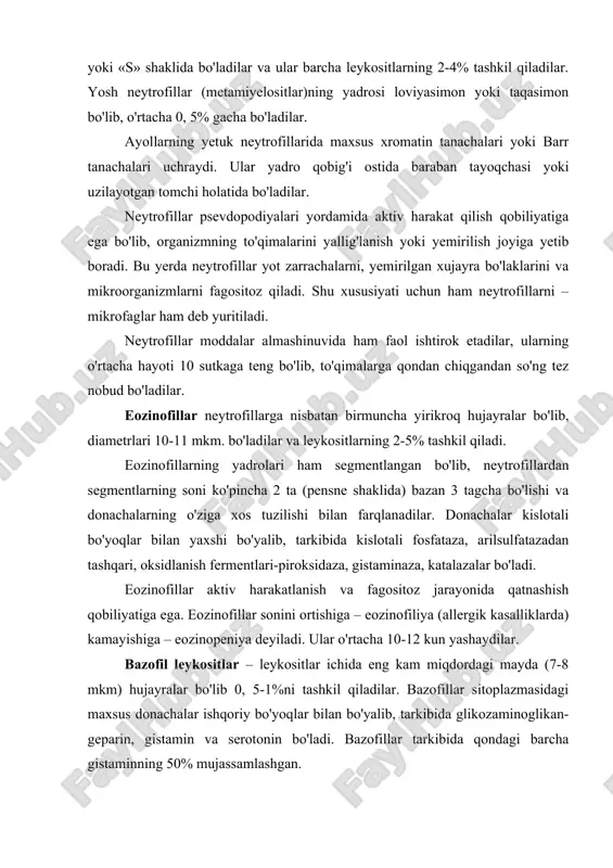 arin, gistamin va serotonin bo'ladi. bazofillar tarkibida qondagi barcha gistaminning 50% mujassamlashgan. bazofillar biriktiruvchi to'qimaning semiz hujayralariga juda ham yaqin turadi. ularning hayot sikli, eozinodillarnikiga o'xshab 10-12 sutkani tashkil qiladi. agranulasitlar yoki donasiz leykositlar – sitoplazmasida maxsus donachalar bo'lmaydigan hujayralardir. tuzilishi va vazifasiga qarab, agranulasitlar limfosit va monositlarga bo'linadi. limfositlar kattalarda o'rtacha leykositlarning umumiy sonini 25-35% tashkil etib, ularning organizmdagi umumiy og'irligi 1, 5 kg.ga yetadi. limfositlar diametriga qarab yirik (10-15 m), o'rta (7-9 mkm) va mayda (4, 5-6 mkm) bo'ladilar. limfositlarning yadrosi nisbatan yirik, yumaloq shaklda bo'ladilar. ularning sitoplazmasi ingichka xoshiya sifatida yadro yatrofida joylashadi. bu yerda erkin ribosamalar va oz miqdorda mitoxioriyalar bo'lib, endoplazmatik to'r, goldjini kompleksi sust rivojlangan. immunologik va funksional nuqtai nazardan limfositlarning 2 turi: t va v limfositlar farqlanadi. limfositlarning sonini ortishiga limfositoz, kamayishiga – limfopeniya deyiladi. monositlar – periferik qonning eng yirik hujayralari hisoblanib, razmerlari qonda 10-12 mkm (surtmada 20 mkm) gacha bo'ladilar. monositlar …