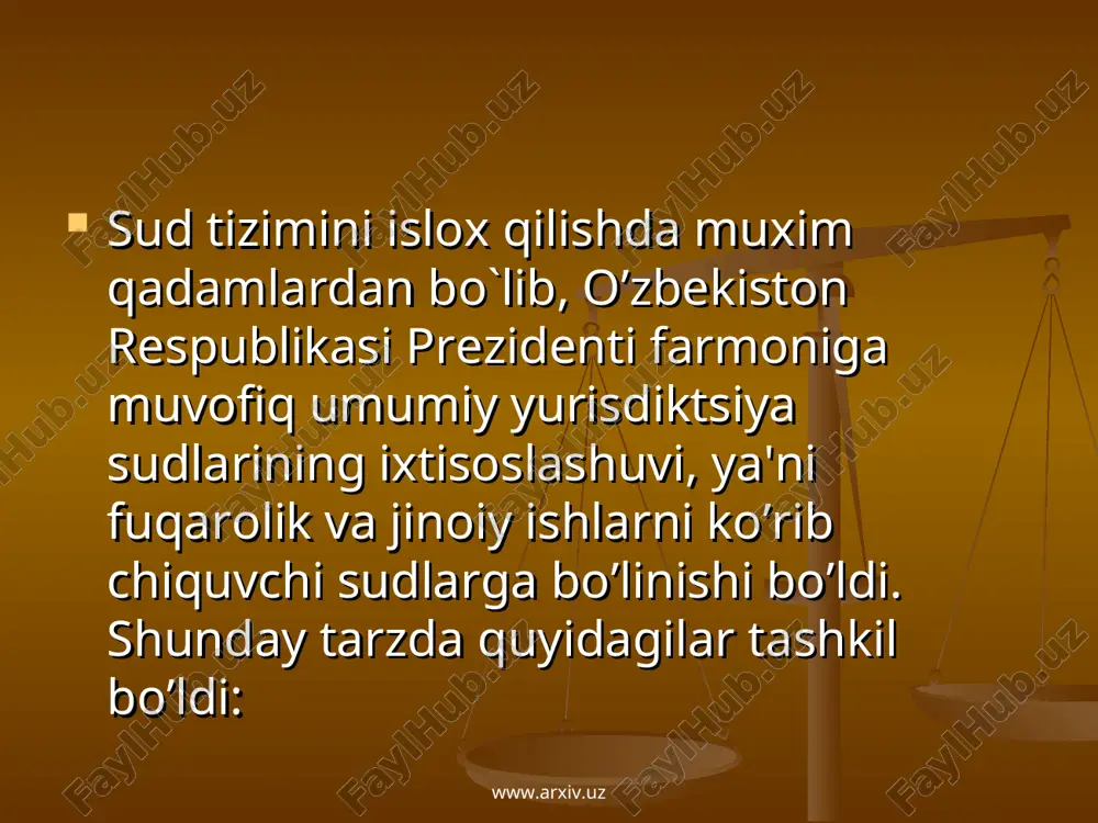 zifani amalga oshirishga vakolatli bo’lgan sud organlari tomonidan amalga oshirilishi lozimligi xususida xulosa qilsa bo’ladi. boshqa xеch qaysi davlat organlari yuqorida sanab o’tilgan vakolatlarni - odil sudlovni amalga oshirish, konstitutsiyaviy nazorat, sud qarorlari va boshqa hujjatlarining ijrosini ta'minlashni bajara olmaydi. www.arxiv.uz www.arxiv.uz umumiy yuridiksiya sudlari o’zbekiston rеspublikasi oliy sudi qoraqalog’iston rеspublikasi oliy sudi harbiy sudlar www.arxiv.uz www.arxiv.uz bu sudlarning ish yurituviga sud tartibida xal etiladigan aksariyat ishlar tеgishlidir. ikkinchi guruh sudlari ichida o’ziga xos tarmoq bo`lib harbiy sudlar hisoblanadi. ularga harbiy xizmatchilarning manfaatlari bilan bog’liq ishlar tеgishlidir. uchinchi guruhga o’zbekiston rеspublikasi oliy xo’jalik sudi, qoraqalog’iston xo’jalik sudi, shahar xo’jalik sudlari kiradi. mazkur guruhga raxbarlarini o’zbekiston rеspublikasi oliy xo’jalik sudi amalga oshiradi. sud tizimini tashkiliy birlik nuktai nazaridan tavsiflash uchun bug’in tushunchasidan foydalanish kеrak. sud tizimi bug’ini - bu bir tipdagi sudlarning majmui bo`lib, ular uyushik vakolatlarga ega bo’ladi hamda o’zbekiston rеspublikasining ma'muriy-hududiy va milliy davlat tuzilishini hisobga olgan xolda tashkil …