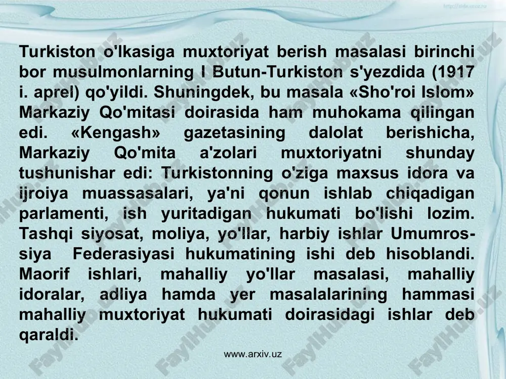 ntilishlari bo'ldi. turkistonning ilg'or jadid ziyolilari va qadimgilari orasidagi ziddiyatlar milliy ozodlik kuchlari safida parchalanishga olib keldi. tashkiliy jihatdan bu xol 1917 yil iyun oyining o'rtalarida «sho'roi islom» tashkilotidan ajralib chiqib, «sho'roi ulamo» jamiyati tuzilishida ifoda­landi. «sho'roi ulamo» jamiyati a'zolari ruhoniyat tarafdorlari bo'lib maydonga chiqdilar. ular o'z g'oyalarini targ'ibot qilish uchun «al-izoh» jurnalini chiqara boshladilar. jurnal noshiri va muharriri abdumalik hoji nabiyev bo'lib, uning birinchi soni 1917 yil 19 iyunda chiqqan edi. jurnal sahifalarida asosan diniy masalalarga ko'proq, e'tibor berilib, ahloq, madaniyat, ijtimoiy hayot ruhoniyat nuqtai nazaridan targ'ibot qilindi. www.arxiv.uz www.arxiv.uz 1917 yil kuzida davom etayotgan imperialistik urush natijasida mamlakatda ocharchilik, ishsizlik avj oldi, iqtisodning tanazzuli yanada chuqur­lashdi. bu esa o'z navbatida mehnatkash ommaning noroziligini kuchaytirdi hamda markaz va joylarda hokimiyatning inqiroziga olib keldi. bunday vaziyatdan foydalangan toshkent ishchi va soldat deputatlari soveti (tashsovet)ga kirgan bolsheviklar «butun hokimiyat sovetlarga» degan shiorni ko'tarib chiqdilar va tezda inqilobiy qo'mita tashkil qilishni taklif …