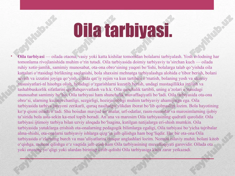 bolalar o'rtasidagi nizolar o'zaro noto'g'ri sabablarga ko'ra ham bo'lishi mumkin. ota-onalarning pedagogik qobiliyatsizligi, shafqatsiz, vahshiyona ta'lim usullari yoki bolalarning haddan tashqari buzilishi bolalar va ota-onalar o'rtasidagi to'liq o'zaro begonalashuvga, dushmanlikka olib kelishi mumkin. ko'pincha bolalarning hayotiy intilishlari oilada nizolarni keltirib chiqarishi mumkin va ota-onalarning asosli qayg'usi bolalarning o'qishga zarar etkazadigan bir tomonlama sevimli mashg'ulotlariga, chekish, ichish va giyohvand moddalarga zararli moyillik paydo bo'lishiga olib keladi. garchi ota-onalar to'g'ri bo'lsa-da, ularning farzandlari ham ota-onalari to'g'ri emasligiga amin emaslar, lekin ular qanday yashashni yaxshiroq bilishadi. ota-onalar uchun bolalarning intilishlari sabablarini tushunish, ularning dalillari va dalillariga etarlicha hurmat ko'rsatish, o'z dalillarini ishonchli tarzda ochib berish muhimdir. oilaviy muammolar asosan bola psixologiyasiga yomon tasir korsatadi xulosa: ota-onalar har bir yosh davrida bolalar muayyan nizolarga moyilligini bilishlari kerak. avvalo, bu to'liq bo'lmagan oilada yoki ota-onalar o'rtasidagi normal munosabatlarda tarbiyalangan bolalarga tegishli. barcha oila a'zolarining manfaatlarini e'tiborsiz qoldiradigan otaning despotizmi, ota-onalarning bir-biriga ma'naviy iliqligi yoki dushmanligi …