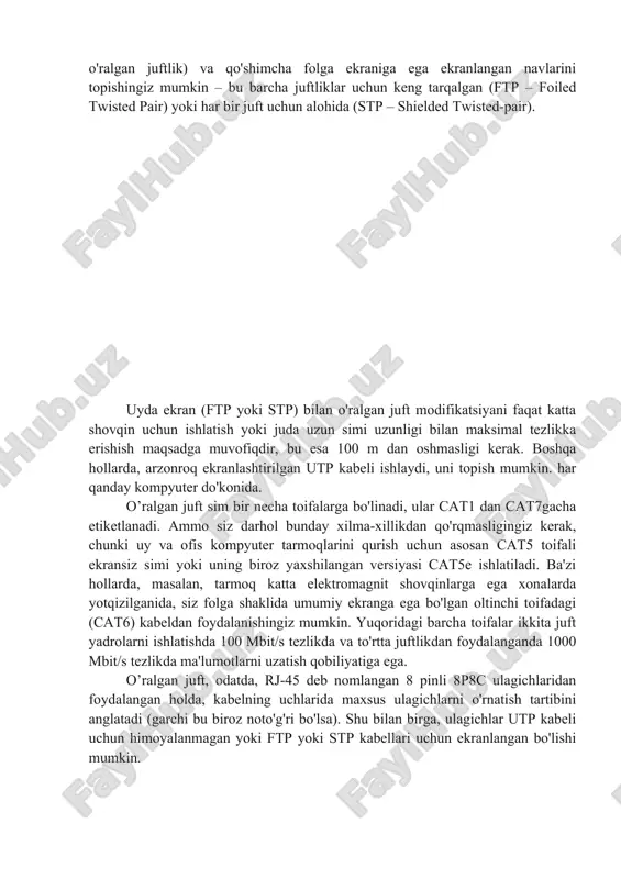 lagichni kontaktlarni yuqoriga, mandalni siz tomonga qaratib ushlab tursangiz va kabel kirish joyi sizga qarasa, birinchi aloqa o'ng tomonda va sakkizinchi chap tomonda joylashgan bo'ladi. pin raqamlash ulanish jarayonida juda muhimdir, shuning uchun buni yodda tuting. ulagichlar ichidagi simlarni tarqatishning ikkita asosiy sxemasi mavjud: eia / tia-568a va eia / tia-568b. eia / tia-568a kontaktlarning zanglashidan foydalanganda birinchi sakkizinchi simlar quyidagi tartibda qo'yiladi: oq-yashil, yashil, oq-to'q sariq, ko'k, oq-ko'k, to'q sariq, oq-jigarrang va jigarrang. eia / tia-568v pallasida simlar quyidagicha: oq-to'q sariq, to'q sariq, oq-yashil, ko'k, oq-ko'k, yashil, oq-jigarrang va jigarrang. turli kombinatsiyalarda kompyuter qurilmalari va tarmoq uskunalari o'rtasida almashinishda ishlatiladigan tarmoq kabellarini ishlab chiqarish uchun ikkita asosiy simi variantlari ishlatiladi: tekis va o'zaro faoliyat (o'zaro faoliyat). birinchi, eng keng tarqalgan variantni ishlatib, kompyuterlar va boshqa mijoz qurilmalarining tarmoq interfeyslarini kalitlarga yoki marshrutizatorlarga ulash, shuningdek zamonaviy tarmoq uskunalarini bir-biriga ulash uchun foydalaniladigan kabellar tayyorlanadi. ikkinchidan, kamroq tarqalgan variant, o'zaro ishlash …