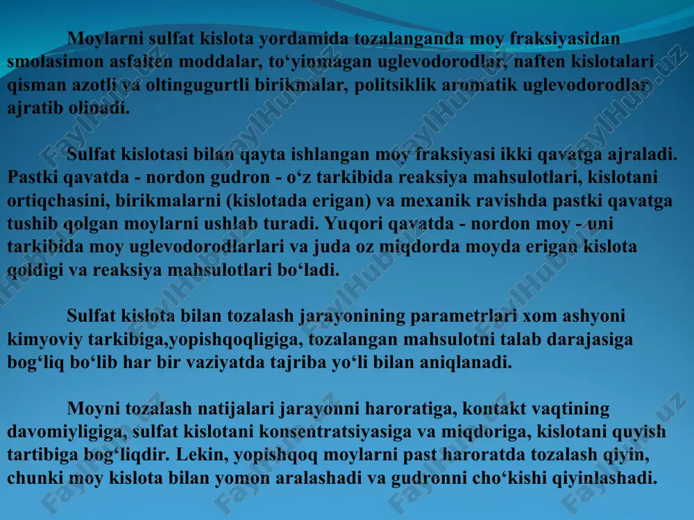 isrof bо‘lishi kamayadi. nazorat savollari 1. neft va neft mahsulotlarini kislota va ishqor yordamida tozalash. 2. sulfat kislota yordamida tozalashning о‘ziga xosligi va uning sharoiti. 3. neft mahsulotlarini kislota va oltingugurtli birikmalardan ishqor qо‘llash orqali tozalash. 4. gazlarni vodorod sulfitdan erituvchiga yuttirish orqali tozalash. 5. neft mahsulotlarini tozalashning adsorbsion va katalitik usullari. 6. adsorbentlar tarkibi va xossalari. 7. sintetik va tabiiy mineral sorbentlar, ularning tarkibi va xossalari. 8.adsorbentning dinamik va statik hajmi, tanlovchanligi va regeneratsiyasi. foydalanilgan adabiyotlar asosiy adabiyotlar 1. ю.в. поконова нефть и нефтепродукты. москва, 2003, 902 с. 2. г.и. фукс. вязкость и пластичность нефтепродуктов, москва, 2003, 330 с. 3. ҳамидов б.н., фозилов с.ф., сайдаҳмидов ш.м., мавлонов б.а.,нефт ва газ кимёси, (ўқув қўлланма), тошкент муҳаррир, 2014, 581 б. 4. я.ц.яшин, е.а.яшин, а.а.яшин, газовая хроматография, москва транслит, 2009,528 б. qo‘shimcha adabiyotlar 1. а.к.мановян. технология первичной перерботки нефти и природного газа. м. химия, 2001, 568 с. 2. сокова н.а., иванова л.в. …