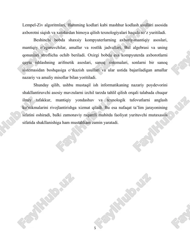 dagi tenglama bilan ifodalanadi: bu yerda ) — xabarning ehtimolligi, esa bitlarda o‘lchanadi. diskret manba uchun o‘rtacha axborot miqdori — entropiya quyidagicha aniqlanadi: teng ehtimolli m ta xabar bo‘lganda maksimal entropiya quyidagiga teng bo‘ladi: kanal kirishi x va chiqishi y o‘rtasidagi o‘zaro axborot, ya’ni uzatish natijasida noaniqlikning qancha kamaygani quyidagicha ifodalanadi: bu yerda h(x|y) — y ma’lum bo‘lganda x ning shartli entropiyasi. axborotning foydaliligi esa qaror nazariyasida kutilayotgan foyda orqali baholanadi. kontekst c ostida axborotdan keyingi kutilayotgan foyda quyidagicha yoziladi: axborotning qiymati (value of information) esa axborotga ega bo‘lgandan keyin erishiladigan eng yaxshi kutilayotgan natija bilan axborotsiz holatdagi eng yaxshi natijaning farqi sifatida aniqlanadi: amaliy jihatdan foydalilikni xatolik yoki zarar kamayishi orqali ham o‘lchash mumkin. agar l0 — axborotsiz kutilayotgan zarar, l1 — axborotdan keyingi kutilayotgan zarar bo‘lsa, u holda voi = l0 − l1 ≥ 0 bo‘ladi. shunday qilib, miqdoriy o‘lchovlar kodlash va uzatish samaradorligini ko‘rsatsa, foydalilik bahosi qaror …