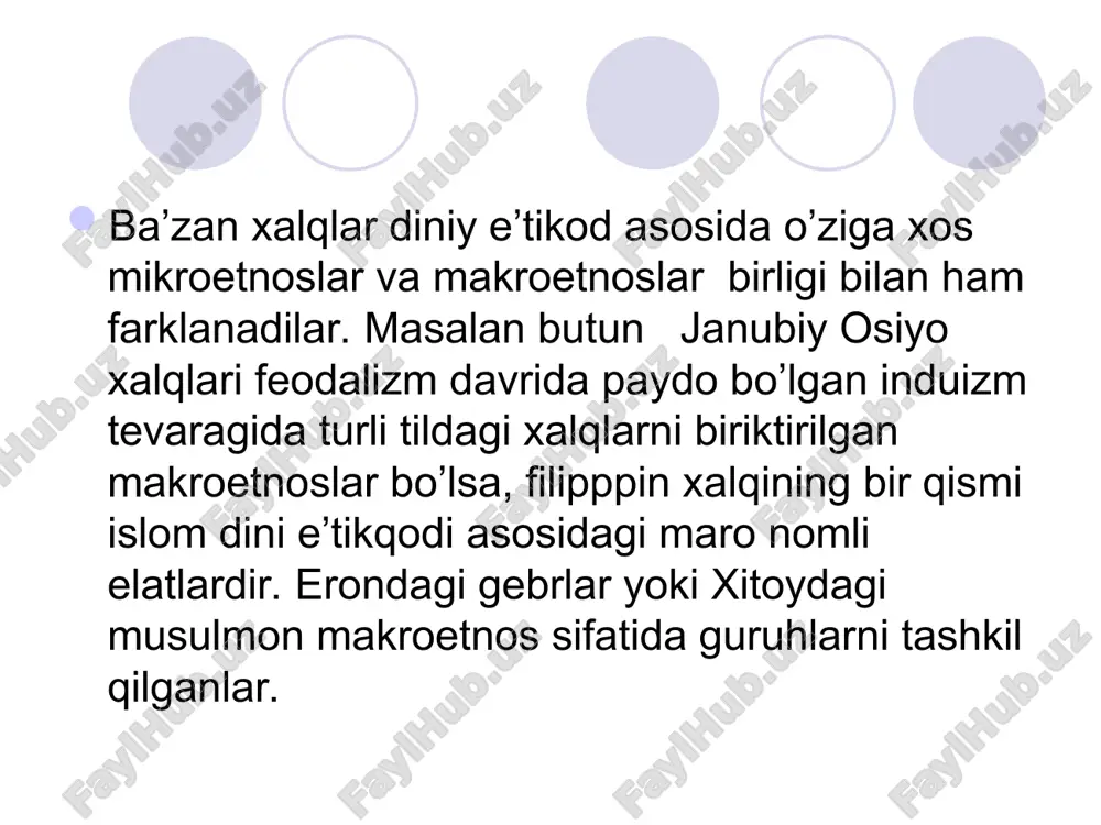 yerda yevropeoid, mongoloid, negroid va hatto veddoavstroloid irqlarintg xam vakillari mavjud. evropa qit’asidan uch xissa katta territoriyaga ega bo’lgan afrikaning etnik qiyofasi tabiati singari boy va rang-barangdir. chet el olimlari uni ilgari «qora qit’a» deb atab, etnik tuzilishi o’zaro bog’lik bo’lmagan turli qabialardan iborat deb noto’g’ri tariflaganlar. albatta mustamlakachilikning asosiy ob’ekti bo’lgan, vatandan mahrum etilgan yuz minglab negrlarni qul qilib sotgan afrika qit’asi bir necha asrlar davomida taraqqiyotdan chekkada qolgan edi. lekin bu yerda bir necha millionli (misrliklar, jazoirliklar, marokashliklar, amxaraliklar) hozirgi millatlar, yirik xalq va elatlar (nigeriyadagi xausa va fulba) bilan bir qatorda hozirgi kunda ham daydilik, sargardonlik va ovchilik bilan shug’g’ilanib kelayotgan urug’chilik tuzumida yashayotgan etnografik guruhlar ham uchraydi. demak, nihoyatda xilma - xil va rang-barang, katta va kichik turli etnoslar jahonda mavjud. ular o’zlarining tabiiy geografik sharoiti, tarixiy shakllanib kelgan tili va milliy xususiyatlari, joylaniishi va turar joylari, milliy arxitektura va uy ro’zg’or buyumlari, toamlari va iste’mol …