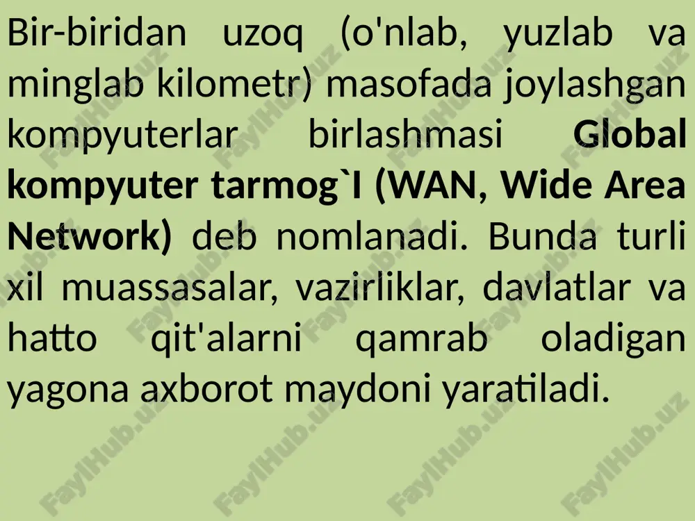 iga ega bo'lgan murakkab texnik tizimidan iborat. internetning o'z-o'zidan rivojlanishi tobora ko'proq yangi tarkibiy qismlarni qo'shib, uni kengaytirish orqali sodir bo'ladi. o'sish va rivojlanish internetning uchta yo'nalishida bir vaqtning o'zida va mutanosib ravishda amalga oshiriladi: apparat, dasturiy ta'minot va axborot ta’minotidir. internetning apparat ta’minoti turli xil kompyuterlar, fizik aloqa liniyalari, ular o'rtasida aloqani ta'minlovchi qurilmalardan iborat. internetning dasturiy ta'minoti uskunalarning muvofiqlashib birgalikda ishlashini ta’minlaydi. dastriy ta’minot ma'lumotlarni shunday o'zgartirib beradiki, natijada ushbu ma’lumotlar har qanday aloqa kanallari orqali uzatilishi va har qanday kompyuterda ishlatilishi mumkin. internetning axborot ta’minoti tarmoq hujjatlari, ya'ni internetga ulangan kompyuterlarda saqlanadigan hujjatlardan iboratdir. ushbu hujjatlar har qanday shaklda: matn, grafik, ovoz, video va boshqalar ko`rinishida bo'lishi mumkin. axborot ta’minotining o'ziga xos xususiyati shundan iboratki, u tarqoq holda bo`lishi mumkin. masalan, internetda kitobni ko'rayotganda, matn bir manbadan, ovoz va musiqa boshqa manbadan, grafika uchinchidan kelishi mumkin. internet ikkita asosiy funktsiyaga ega: axborot va aloqa funktsiyalari. axborot funktsiyasi …