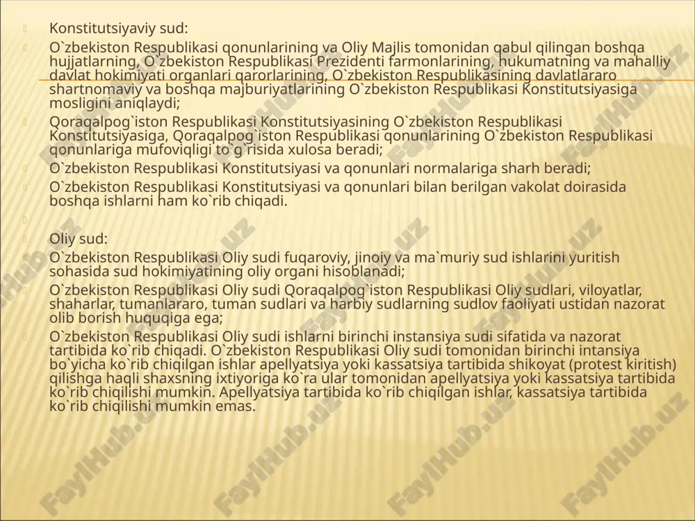 haroitda muhokama qiladilar. o`zbekiston respublikasi konstitutsiyasining 112-moddasida belgilanganidek, sudyalar mustaqildirlar, ular faqat qonunga bo`ysunadilar. sudyalarning odil sudlovni amalga oshirish borasidagi faoliyatiga biron bir tarzda aralashishga yo`l qo`yilmaydi va bunday aralashish qonunga muvofiq javobgarlikka sabab bo`ladi. davlat idoralari xodimlari, istalgan maqomdagi mansabdor shaxslar va fuqarolar konkret ishlarni qanday hal etish to`g`risida sudga ko`rsatma berishga haqli emasdirlar. daxlsizlik prinsipi sudyaning ruxsatisiz uning xizmat xonasiga, uyiga kirishga, xat-xabarlariga ko`z yugurtirishga, narsalari va hujjatlarini ko`zdan kechirishga haqli emaslikni anglatadi. o`zbekiston respublikasining 25 yoshdan kichik bo`lmagan, oliy yuridik ma`lumotga, kamida 2 yillik yuridik mutaxassislik bo`yicha ish stajiga ega bo`lgan va malaka imtihonini topshirgan fuqarosi sudya etib tayinlanishi mumkin. o`zbekiston respublikasining ofitser unvoniga ega bo`lgan, haqiqiy harbiy xizmatni o`tayotgan fuqarosi harbiy sudning sudyasi bo`la oladi. o`zbekiston respublikasi konstitutsiyasiga muvofiq sudyalar deputat etib saylana olmaydilar, siyosiy partiyalar va harakatlarga mansub bo`la olmaydilar, shuningdek, sudya vazifalarini boshqa bir haq to`lanadigan ish bilan qo`shib olib borishga haqli emasdirlar. sudya …