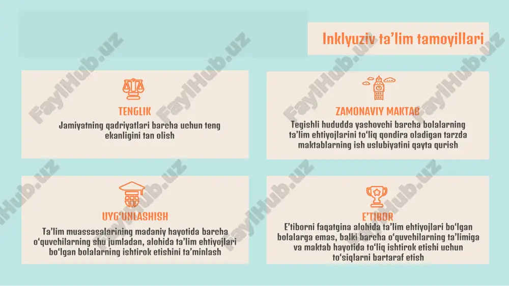 an holda muntazam ravishda ish olib borish inklyuziv ta’lim sharoitida nogiron bolalarni moslashtirish jarayonidagi muammolari bolaning jismoniy, psixologik va ijtimoiy rivojlanishi o‘rtasidagi uzviylikni ta’minlashdagi qiyinchiliklar moslashish jarayonini optimallashtirishning muhim omili sifatida kattalarning etakchi roli rivojlanishning juda yuqori sur’ati, jumladan, ijtimoiy rivojlanish, organizmdagi barcha tizimlarini takomillashtirish jadallashuv uzviylik ota-onalar ma'lumki, nogiron bolalarning umumta’lim maktablari sharoitlariga moslashish jarayoni juda murakkab alohida ta’lim ehtiyojlari bo‘lgan bolalarni iknlyuziv ta’lim jarayoniga moslashtirishda pedagoglarning o‘rni alohida ta’lim ehtiyojlari bo‘lgan bolalarni iknlyuziv ta’lim jarayoniga moslashtirishda pedagoglarning o‘rni ham juda muhim hisoblanadi “ eslatma bola haqidagi anamnestik ma’lumotlarni o‘rganish nuqson darajasi ota-onalar (qonuniy vakillar) bilan bolaning xususiyatlari haqida suhbatlashish, uning ijtimoiy muhitini ўrganish ijtimoiy muhiti bolani kuzatish natijalariga ko‘ra boladagi o‘zgarishlarni nazorat qilish tahlil sinfdagi muhit vao‘zaro munosabatni shakllantirishga hissa qo‘shish muhit bolalarni nimalaga qodir ekanligini va o‘zlashtirish darajasini bilishlari bilim darajasi nogironligi bo‘lgan bolalarning o‘ziga xususiyatlari haqida bilish o‘ziga xoslik alohida ta’lim ehtiyojlari bo‘lgan bolalarni tezroq umumta’lim …