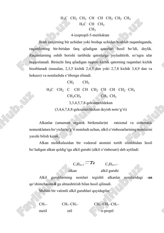 uran va neptun) atmosferalarida juda ko‘p miqdorda uchraydi. og‘ir planetalarda metanning miqdori shunchalik kattaki, hatto uzoq kelajakda uni yerga transportirovka qilish (tashib kelish) bo‘yicha fantastik loyihalar taklif qilingan. yerda ham «metanogen» bakteriyalarning o‘simlik va hayvonlar organizmlari qoldiqlarini havo (kislorod) kirmaydigan sharoitda parchalashi natijasida juda ko‘p miqdorda (har yili 2 mlrd t) metan hosil bo‘ladi. masalan, botqoqlik gazining 99 foizi metandan iborat. bu mikrobiologik usul yordamida biosferani ifloslantiruvchi turli chiqindilarni qimmatli yonilg‘iga aylantirish mumkin. a. sanoat usullari 1. neftni qayta ishlash mahsulotlaridan alkanlar aralashmasi, benzinni fraksiyalab haydash usuli bilan esa individual alkanlarni olish mumkin. 2.ko‘mirni katalitik gidrogenlash toshko‘mir yoki qo‘ng‘ir ko‘mirni 460-470c harorat va 250 atm bosimda temir katalizatori ishtirokida gidrogenlaganda suyuq alkanlar aralashmasi hosil bo‘ladi: nc +( n+1)h2 cnh2n+2 shu reaksiya asosida sintetik benzin olinar edi. lekin hozirgi vaqtda sanoatda benzin bu usul bilan ishlab chiqarilmaydi. 3. co2 va coni katalitik gidrogenlash co va co2 250-400c da ni yoki co …