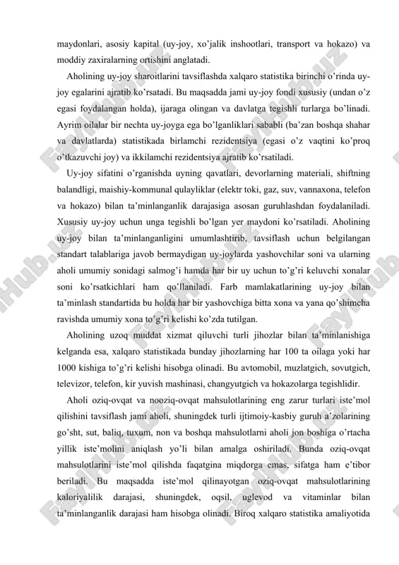 bir qator ko’rsatkichlarni tavsiya qiladi: a) savodsizlar soni va ularning “savodlilik yoshi” dan (bu yosh har bir mamlakat uchun muayyan sharoitlar asosida alohida belgilanadi) katta yoshdagilar sonidagi salmog’i; b) maktabga bormayotgan maktab yoshidagi bolalar soni; v) boshlang’ich va o’rta maktablarda o’qiyotganlar soni va tarkibi; g) har 100 ming kishiga oliy o’quv yurtlari talabalari soni; d) har 100 ming kishiga kundalik gazetalar soni; e) har 100 ming kishiga kitoblar tiraji soni va shu kabi boshqa ko’rsatkichlar. adabiyotlar: 1. n.m.soatov, x.nabiev, d.nabiev, g.n.tillaxo’jaeva. statistika. darslik. – t.: tdiu, 2009. – 568 bet. 2. x.nabiyev, d.x.nabiyev. iqtisodiy statistika. darslik. – t.: aloqachi, 2009. 512 bet. 3. statistika: uchebnik. / n.umarov a. abdullaev. r. zulinova t-2009. 4. qishloq va suv xo’jaligi statistikasi. s. ochilov. sh. ergasheva t-2008 5. tashqi iqtisodiy faoliyat statistikasi. a.x. ayubjonov t-2004 6. makroiqtisodiy statistika yo. abdullaev t-1998 7. a.x.shoalimov, sh.a.tojiboyeva. iqtisodiy taxlil nazariyasi.toshkent “iqtisodiyot” 2012y. 8. shodiyev va boshqalar. statistika …