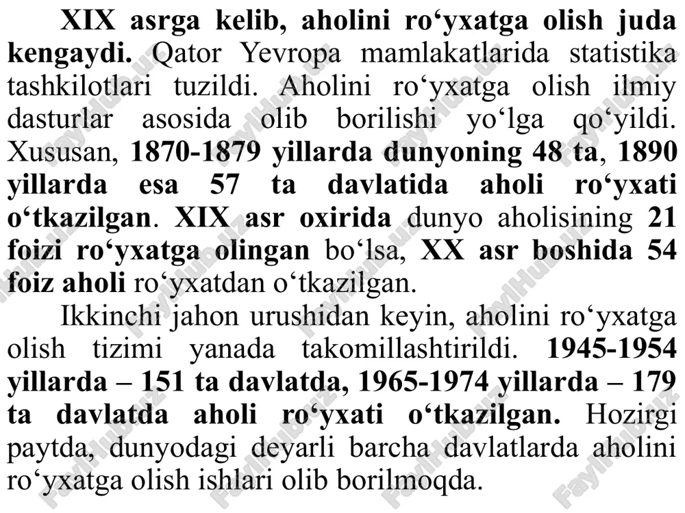 i. kritik momentda tug‘ilganlar rо‘yxatga kiritiladi, kritik momentdan keyin tug‘ilganlar rо‘yxatga kiritilmaydi. kritik momentgacha vafot etganlar rо‘yxatga kiritilmaydi, lekin kritik momentdagi kishi vafot etganda esa tiriklar qatorida rо‘yxatga kiritilgan bо‘ladi. aholi rо‘yxati kо‘p hollarda yashash joylarida о‘tkazilgani sababli kritik moment sifatida kechki soat 12 olinadi, ba’zi hollarda bundan chekinish ham mumkin, lekin natija kо‘ngildagidek bо‘lmaydi. rо‘yxatga olish kunini belgilashda quyidagilar e’tiborga olinadi: aholi kamroq harakat qiladigan kun bо‘lishi; hisobchilarning ish sharoiti va harakat qilish usuli rо‘yxatga olish uchun qulay bо‘lishi; aholi rо‘yxati boshqa rо‘yxatlar bilan birga о‘tkazilganda ikkinchi tomonning manfaati ham e’tiborga olinishi; rо‘yxatga olinadigan kun yil boshlarida bо‘lgani ma’qul, chunki yil boshida aholi bо‘yicha lozim bо‘lgan hisob-kitoblarni amalga oshirish osonroq kechadi. dunyoning kо‘p mamlakatlarida (turkiya, iroq, liviya, paragvay va h.k.) aholi rо‘yxatga olish bir kunda о‘tkaziladi. shu kuni hukumatning maxsus qarori bilan aholining uydan chiqishi (rо‘yxatdan о‘tmaguncha) man etiladi. rо‘yxatga olishning bunday usulda о‘tkazilishi, aholi uchun noqulaylik yaratadi va …