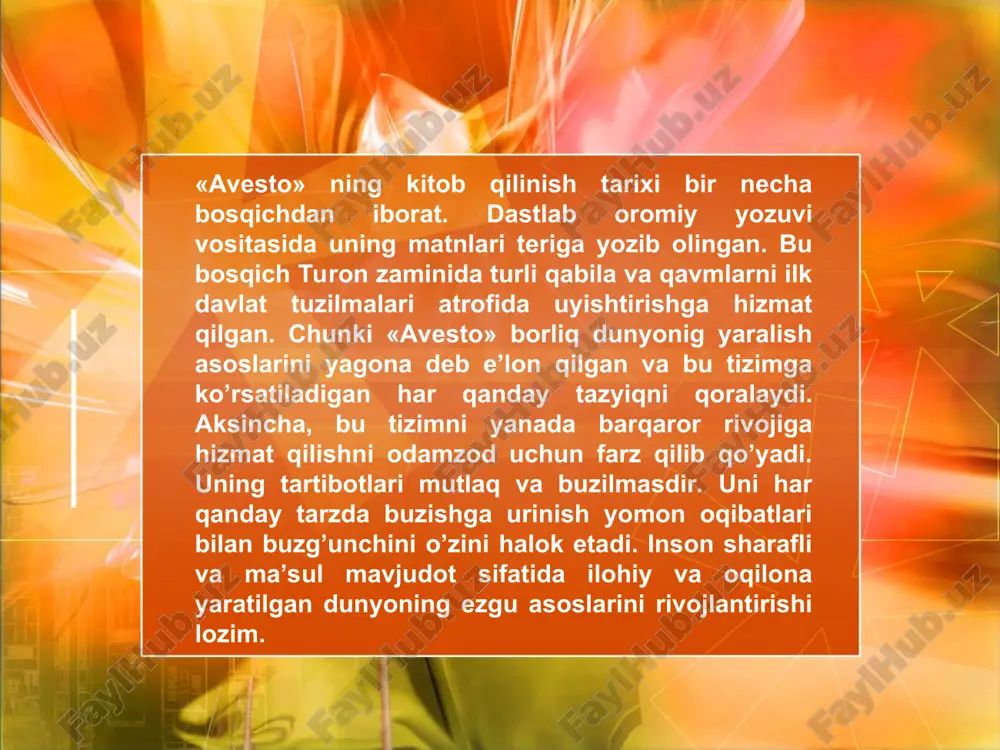 i, hayotda yangi kun – navro’z boshlanadi. shu kuni birinchi bor olov kashf qilingan va otashgohda olov yoqilgan. demak, «avesto» tasavvuricha olam olyi bosqichda vujudga kelgan, har bir bosqich besh kun davom etgan. astumand dunyosi, yani real dunyoning yaratilish jarayoni bir yil davomida o’ttiz kunda sodir bo’ldi. shu kabi tasavvurlarning turli ko’rinishlari barcha dinlarga xosdir.