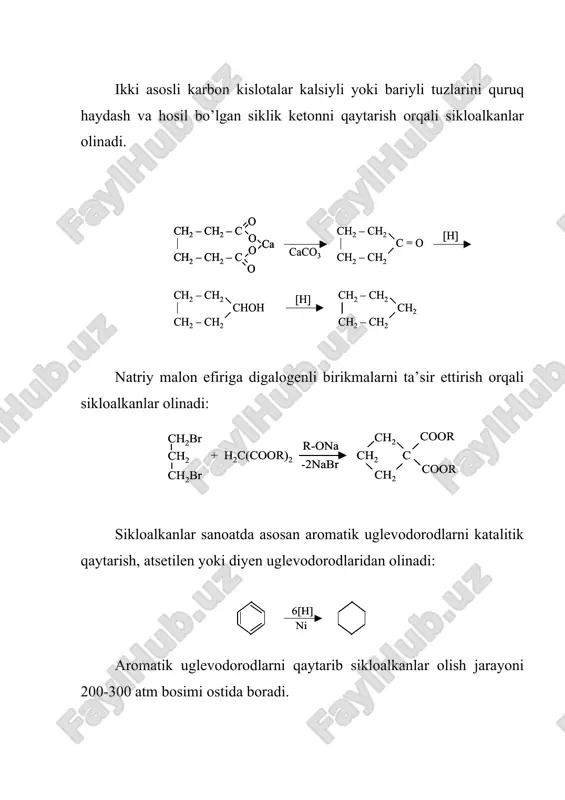 shli etilen uglevodorodlaridan farqlash mumkin. siklopropan va uning gomologlari odatdagi haroratda ishqoriy muhitda kaliypermanganat ishtirokida juda sekin oksidlanadilar. siklobutan va yuqori sikllar kaliypermanganat ishtirokida oksidlanmaydilar va bu bilan ular to’yingan uglevodorodlarni eslatadilar. sikloparafinlarni kuchli oksidlovchilar yordamida oksidlash natijasida ikki asosli kislotalar hosil bo’ladi: bu reaksiya yordamida neft tarkibida uchraydigan siklogeksandan foydalanib kaprolaktam, naylon-4,6 va geksametilendiamin uchun zarur bo’lgan adipin kislota olinadi. nitrolash. 5 va yuqori a’zoli sikllarni nitrolash to’yingan uglevodorodlarni nitrolashdagi kabi yuqori haroratda suyultirilgan nitrat kislota yordamida amalga oshiriladi. izomerlanish va disproporsiyalanish reaksiyalari. uch a’zoli sikloalkanlar yuqori harorat ta’sirida etilen uglevodorodlariga izomerlanadi: to’rt a’zoli sikllar etilen uglevodorodlari hosil qilib parchalanadilar: sakkiz va undan yuqori a’zoli sikllar yuqori haroratda besh va olti a’zoli sikllar hosil qilib izomerlanadilar. besh va olti a’zoli sikllar eng barqaror hisoblanadilar. siklopentanning alkilalmashgan hosilalari yuqori harorat, katalizator va bosim ostida olti a’zoli halqa hosil qilib izomerlanadilar. bu reaksiyadan sanoatda metilsiklopentandan siklogeksan hosil qilishda foydalaniladi: olti va …