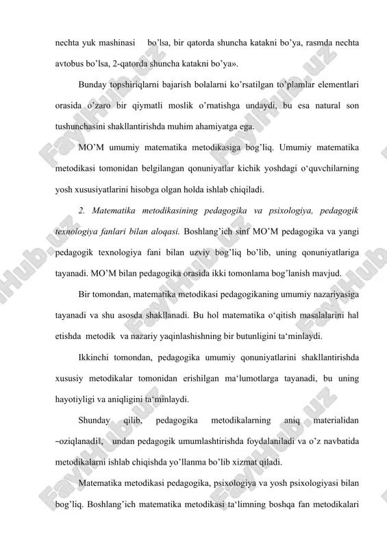 i aniq mavzu materiallariga tatbiq qilish yo’llari ko’rsatiladi. 3. matematika o‘qitishning aniq metodikasi. bu bo’lim ikki qismdan iborat: 1. umumiy metodikaning xususiy masalalari. 2.maxsus metodikaning xususiy masalalari. boshlang’ich sinflarda matematika o‘qitish metodikasi butun pedagogik tadqiqotlarda pedagogik texnologiya, axborot texnologiyalari yutuqlarida qo’llaniladigan metodlardan foydalanadi. kuzatish metodi – odatdagi sharoitda kuzatish natijalarini tegishlicha qayd qilish bilan pedagogik jarayonni bevosita maqsadga yo’naltirilgan holda idrok qilishdan iborat. kuzatish aniq maqsadni ko’zlagan reja asosida uzoq va yaqin vaqt oralig’ida davom etadi. kuzatish tutash yoki tanlanma bo’lishi mumkin. тutash kuzatishda kengroq olingan hodisa (masalan, matematika darslarida kichik yoshdagi o‘quvchilarning bilish faoliyatlari) tanlanma kuzatishda kichik-kichik hajmdagi hodisalar (masalan, matematika darslarida o‘quvchilarning mustaqil ishlari) kuzatiladi. tajriba – bu ham kuzatish hisoblanib, maxsus tashkil qilingan, tadqiqotchi tomonidan nazorat qilib turiladigan va tizimli ravishda o’zgartirib turiladigan sharoitda o’tkaziladi. tajriba natijalarini tahlil qilish taqqoslash metodi bilan o’tkaziladi.pedagogik tadqiqotda suhbat metodidan ham foydalanishi mumkin. тadqiqotning maqsad va vazifalarini yaqqol aniqlash, uning nazariy …