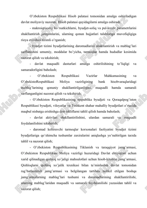 lar bilan amalga oshiriladigan operatsiyalar ustidan nazorat qilish; - ichki va tashqi aktivlarni boshqarish bo’yicha hisobotlar va balans hisob-kitoblarini tahlil qilish, mablag’lar va oltin-valyuta zaxiralarini chet el banklariga va boshqa banklarga joylashtirish hamda qayta joylashtirishning asosli va samarali ekanligini nazorat qilish; - davlat qarzini boshqarish samaradorligini tahlil qilish, unga o’z vaqtida xizmat ko’rsatilishi ustidan nazorat qilish, o’zbekiston respublikasi nomidan yoki uning kafolati ostida jalb qilingan chet el kreditlari mablag’laridan samarali foydalanish masalalari bo’yicha predmetli tekshiruvlar tashkil etish; - davlat mulki realizatsiya qilinishi bilan bog’liq masalalarni tahlil qilish vaular bo’yicha nazoratni ta’minlash; - byudjet tizimi byudjetlari mablag’laridan maqsadli va samarali foydalanilishi ustidan nazorat qilishga doir vazifalar moliya organlari, shu jumladan g’aznachilik bo’linmalari tomonidan bajarilishi samaradorligini tahlil qilish; - davlat mulki ulushi bo’lgan korxonalarning moliya-xo’jalik faoliyatini dividendlar to’g’ri hisoblanishi va to’lanishi yuzasidan tekshirish. 3.byudjet nazoratini tashkil qilishning maqsadi va vazifalari,sub’ektlari va ob’ektlari budjet ijrosi jarayonida nazoratning maqsadi – budjet ijrosini amalga oshirish …