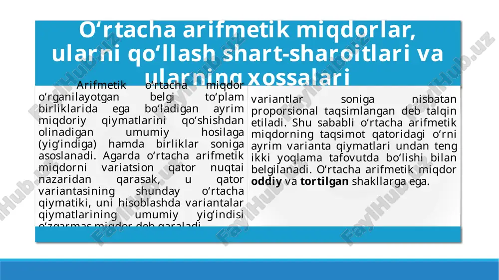 sohiblar (variantalar) soniga ega bо‘lgan varianta qiymati bilan belgilanadi. oraliqli qatorlarda moda quyidagi formula yordamida aniqlanadi: bu yerda 0 -moda; x0 - modal oraliq (guruh) ning quyi chegarasi; f0-modal oraliqdagi birliklar (variantlar) soni; f0-1 -undan olingan oraliq (guruh) dagi birliklar soni; f0+1 -undan keyingi oraliqdagi birliklar soni. mediana mediana deganda tо‘plamni teng ikkiga bо‘luvchi belgining qiymati tushuniladi. saflangan qatorlarda mediana о‘rtada joylashgan varianta qiymatiga teng. agarda saflangan qator toq hadli bо‘lsa, masalan, 9 yoki 15 haddan iborat bо‘lsa, u holda 5-had yoki 8-had mediana bо‘ladi. toq oraliqli qatorlarda mediana quyidagi formula yordamida hisoblanadi: juft sonli oraliqli qatorlarda esa: bu yerda: ye -mediana; x0-mediana bо‘lgan oraliq (guruh)ning quyi chegarasi; fe-1-medianadan oldingi oraliq uchun jamlama birliklar soni; fe-mediana bо‘lgan oraliqdagi birliklar soni; ie -mediana oralig‘ining kattaligi; k-oraliqlar (guruhlar) soni; fj-hamma guruhlardagi birliklarning jamlama soni. e`tiboringiz uchun tashakkur! image1.jpg image3.jpg image4.wmf image5.png image6.wmf image7.png image8.wmf image9.jpg image10.wmf image11.wmf image12.jpg image13.wmf image14.png image15.wmf image16.png …