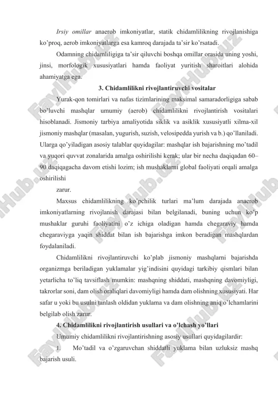 yuklama bilan uzluksiz mashq bajarish usuli. 2. takroriy oraliqli mashq bajarish usuli. 3. aylanma mashg’ulot usuli. 4. o’yin usuli. 5. musobaqa usuli. maxsus chidamlilikni rivojlantirish uchun quyidagilardan foydalaniladi: 1. uzluksiz mashq usullari (bir maromli va o’zgaruvchan). 2. oraliqli uzib bajariladigan mashq usuli (oraliqli va takroriy). 3. musobaqa va o’yin usullari. ko’rsatkichlarning ikki guruhi asosida chidamlilikning rivojlanish darajasi haqida fikr yuritish mumkin: 1. tashqi – odamning charchoq vaqtidagi harakat faoliyati samaradorligini tavsiflaydi. 2. ichki – organizmdagi biror faoliyat bajarilishini ta’minlovchi turli organ va tizimlar faoliyatidagi muayyan o’zgarishlarni (markaziy asab tizimi, yurak-qon tomir, nafas, endokrin va boshqa tizimlardagi o’zgarishlar) aks ettiradi. siklik mashqlarda chidamlilikning tashqi ko’rsatkichlari quyidagilar bo’lishi mumkin: · bеrilgan vaqt ichida bosib o’tilgan masofa (masalan, “bir soatli yugurish”da yoki kupеrning 12 daqiqali tеstida); · yеtarlicha uzoq masofa bosib o’tiladigan minimal vaqt (masalan, 500 m yugurish, 1500 m suzish). bеrilgan tеzlik bilan “imkon boricha” harakatlanganda bosib o’tilgan eng uzoq masofa. kuch …