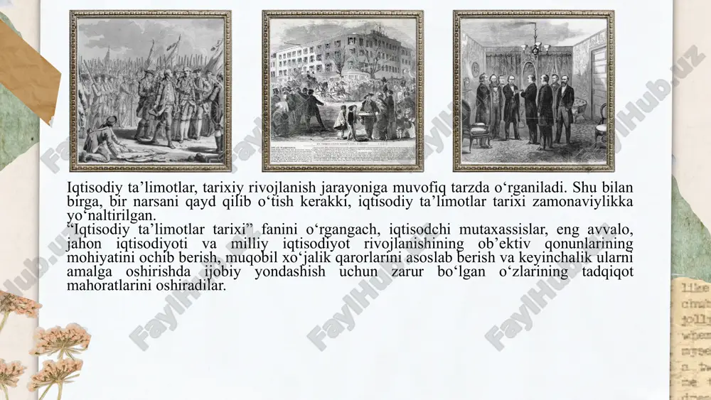 kchilikni yo’q qilish, ishlab chiqarish taqsimot va istemolni qayta tashkil etish va adolatli tuzum o’rnatish talabi bilan chiqadilar. sotsialistik “ marjinalizm vakillari (marjinal-me‘yoriy, qo‗shilgan) — tovar nafliligi, qo’shilgan mehnat yoki resurs unumdorligining pasayib borishi nazariyalarini ishlab chiqqan. keyingi tovar nafliligining kamayib borish qonuni bu oqimning asosiy prinsipi hisoblanadi. shunga ko’ra narx xarajatga bog’liq bo’lmay, keyingi naflilik asosida belgilanadi. karl menger, fridrix fon vizer, eigen fon bem-baverk, uilyam stenli jevons marjinalizm asoschilari hisoblanadi. sotsialistik (a.sen-simon, sharl fure, robert ouen) kapitalizmni tanqid qilib, xususiy mulkchilikni yo’q qilish, ishlab chiqarish, taqsimot va iste‘molni qayta tashkil etish va adolatli tuzum (industrial jamiyat, garmonik jamiyat, kommunizm) o’rnatish talabi bilan chiqadilar. image9.png image10.png image11.jpeg image1.jpeg image2.png image3.png image4.png image5.png image6.png image7.png image8.png image15.jpeg image16.jpeg image17.png image18.png image12.png image13.png image14.png image21.png image22.png image19.png image20.png image24.png image23.png image25.png image26.png image27.jpg image28.jpeg image29.jpeg image30.png image31.png /docprops/thumbnail.jpeg