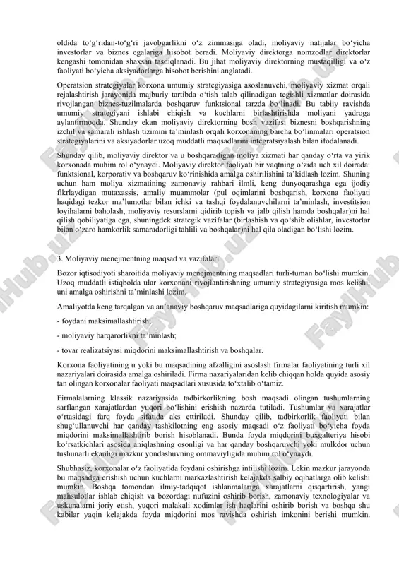 apital qiymati va korxonaning bozor qiymatining oʻzaro aloqadorligini rad etib, moliyalashtirish manbalari qiymatini pasaytirish hisobiga korxona bozor qiymatini oshirish mumkin emasligi haqidagi fikrni ilgari suradi. f.modilyani va m.miller yondashuviga koʻra korxona aksiyalari aylanmasi amaliyotlar hajmi, aksiyalar bozor bahosi ularning ichki qiymatiga qanchalik mosligiga bogʻliq boʻlgan qimmatli qogʻozlarning samarali bozorida amalga oshiriladi. bozor bahosi koʻplab omillarga, shu jumladan asosiy omil sifatida koʻrib chiqiluvchi axborotga bogʻliq. shu tariqa, bozorning samaradorlik darajasi axborotni baholarga ta’sir etish tezligiga bogʻliq xolda oʻzgaradi. bunda iqtisodiy samaradorlik emas, axborotning samarasi tushuniladi. bozordagi axborotni olishda uning barcha ishtirokchilari birdek imkoniyata ega emas. halqaro amaliyotda simmetrik va assimmetrik axborotlar mavjud. birinchi xolatda axborotdan barcha foydalanishi mumkin va bu hech qanday afzalliklarni bermaydi; ikkinchi holatda axborotdan faqatgina bozorning muayayn ishtirokchilari foydalanishi mumkin va bu ularga ma’lum afzalliklarni beradi. bozor samaradorligining uch darajasi mavjud: past, oʻrta va yuqori. samaradorlikning past darajasi aksiyalarning joriy bozor baholari oʻtgan davrlardagi baholar dinamikasini toʻliq aks …