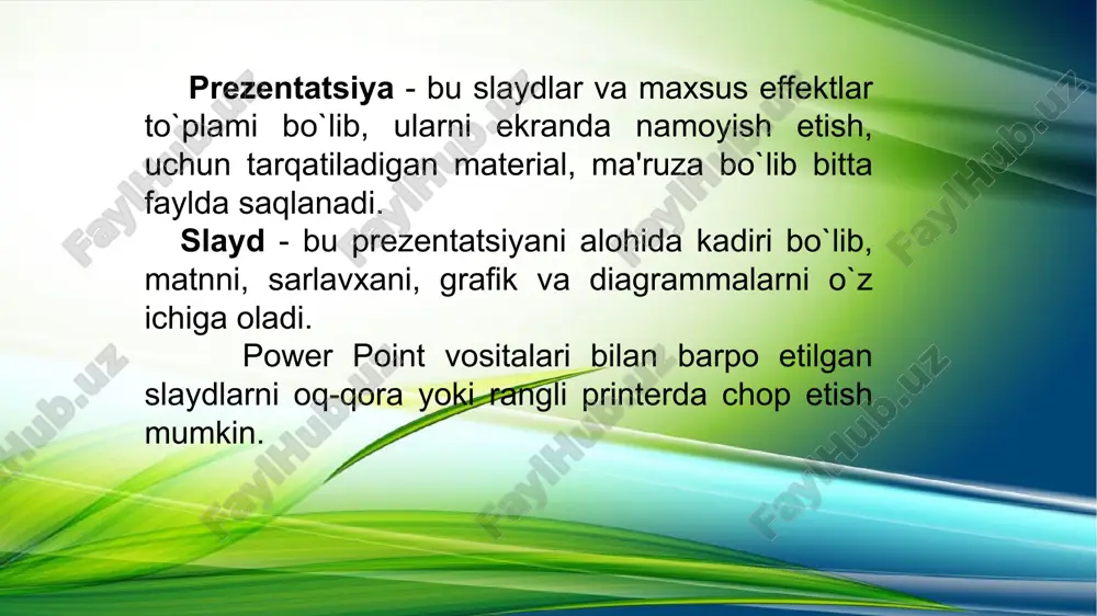 li olish mumkin. aytgancha, powerpoint fayllarini google slides-ga import qilish va keyin ularni tahrirlash mumkin. google drive-ga internet orqali quyidagi url manzil orqali kirasiz: https://drive.google.com yangi slayd bilan ishlash oynasi libreoffice impres impress – libre office taqdimot dasturi. bu sizga turli xil elementlarni o'z ichiga olgan slaydlar, shu jumladan matn, markalangan va raqamlangan ro'yxatlar, jadvallar, diagrammalar va rasmlar, rasmlar va fotosuratlar kabi turli xil grafikalarni yaratishga imkon beradi. impress shuningdek, prezentatsiyalar yaratish uchun foydalaniladi. asosiysi impress oynasida uchta maydon mavjud (chapdan o'ngga): slayd paneli, ish maydoni va yon panel. bundan tashqari, taqdimotni yaratishda bir nechta asboblar paneli ko'rsatilishi yoki yashirilishi mumkin. impres oynasi libreoffice impress dastur oynasi powerpoint keynote google slides tegishli dasturlar microsoft office 365 qismi iwork ni bir qismi google drive ofis paketining bir qismi eksport qilinadigan fayl turlari office powerpoint formatlariga qo'shimcha ravishda .pdf, .xps, .mp4, .wmv, .odp, .gif, .jpg, .png, .gif, .bmp, .tif, .wmf, .emf va …
