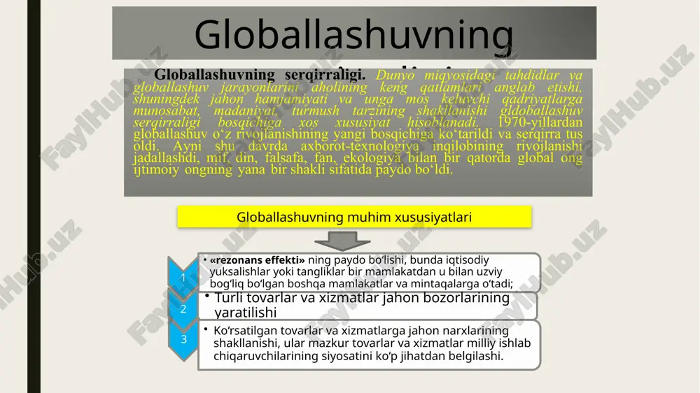 lanish, atrof muhitni saqlash va shu kabi masalalarda doim o‘z manfaatlarini himoya qiladi. jamiyat hayotining internatsionallashuvi va iqtisodiy aloqalarning o‘sib borayotgan integratsiyalashuvi sharoitida, sayyoramizning turli burchaklarida jahon hamjamiyatining yadro urushi, ekologik tanglik, demografik keskinlik va resurslar taqchilligini bartaraf etishdan iborat ob’ektiv manfaatlarini o‘zlarining umumiy manfaati deb biluvchi odamlar soni tobora ko‘payib bormoqda. inqiroz ildizlari 1994-yilda “ma’naviyat va ma’rifat” jamoatchilik markazi tashkil qilindi. 1996-yilda markaz faoliyatini takomillashtirish bo‘yicha hukumat qarori qabul qilindi va unga ko‘ra 1997 yildan barcha ta’lim muassasalarida “ma’naviyat asoslari” fanini o‘qitish joriy qilindi. 1999-yilda o‘zbekiston respublikasi vazirlar mahkamasi huzurida ma’naviyat va ma’rifat markazlari faoliyatini muvofiqlashtiruvchi ma’naviyat kengashi tashkil qilindi. global muammolarni echishda falsafaning roli. og’ir va murakkab vazifalarni yechishda insonga fan doim yordam bergan. bir paytlar erishib bo’lmaydigan, inson imkoniyatlari darajasidan tashqarida bo’lib tuyulgan narsalarning aksariyatiga aynan fan yordamida erishilgan. ayni shu sababli global muammolar xavf solayotgani haqidagi ilk ogohlantirishlarning o’ziyoq odamlarni fanga o’z e’tiborini qaratishga, olimlarni esa …
