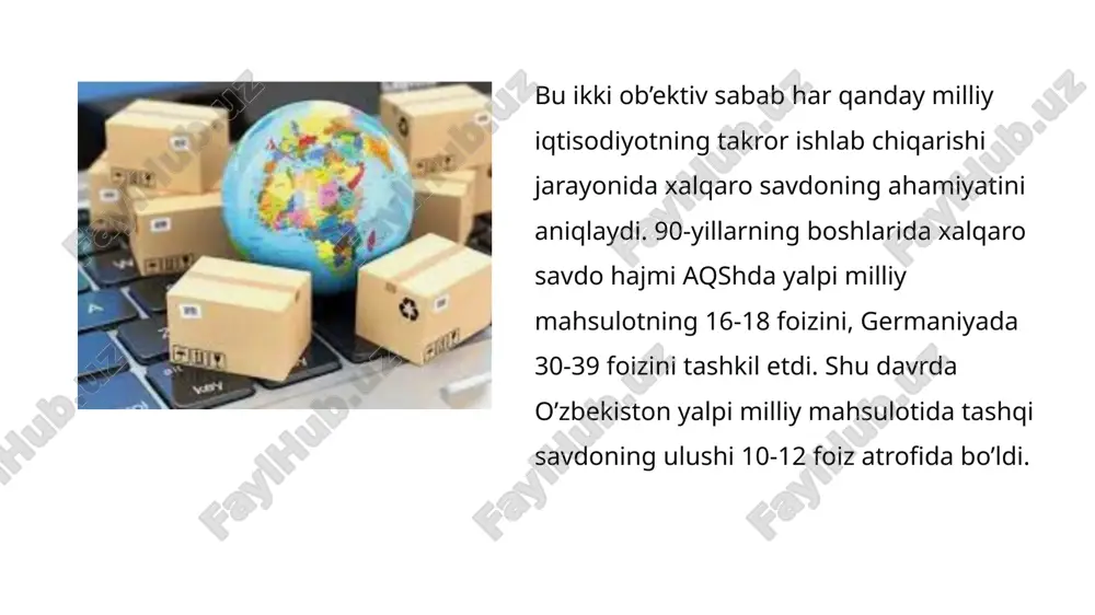 sport qilingan va u erda qayta ishlov berilmagan mahsulotni chet elda sotib olish va mamlakatga olib kelish jahon iqtisodiyotida ochiq iqtisodiyotning shakllanishida davlat muhim rol o`ynadi. davlat tovar va xizmatlar olib chiqishni rag`batlan tirib, xorijiy firmalar bilan kooperatsiyalarga, tashqi iqtisodiy aloqalar ning rivojlanishiga yordamlashib, o‘ziga eksportga yo‘naltirilgan ishlab chiqarishni rag6batlantirish funksiyasini oldi chet eldan investitsiya lar, texnologiyalar, ishchi kuchi va axborot vositalarini oqib kelishini yengillashtiruvchi mustahkam huquqiy asos yaratildi. ochiq iqtisodiyot ichki bozorning chet el kapitali, tovarlari, texno logiyalari, axborotlari, ishchi kuchining oqimi uchun aqlga to‘g‘ri keladigan darajada ochiqligini nazarda tutadi. ochiq iqtisodiyotning afzalliklari quyidagilardir: - ishlab chiqarishning ixtisoslashuvi va kooperatsiyalashuvining chuqurlashishi; - resurslami mulohazakorlik bilan samaradorlik darajasiga qarab taqsimlash; - xalqaro iqtisodiy aloqalar tizimi orqali jahon tajribasining tar qalishi; - jahon bozoridagi raqobat tomonidan rag‘batlantiriladigan milliy ishlab chiqaruvchilar orasida raqobatning kuchayishi. e’tiboringiz uchun rahmat image1.png image2.png image3.png image4.png image5.png image6.png /docprops/thumbnail.jpeg