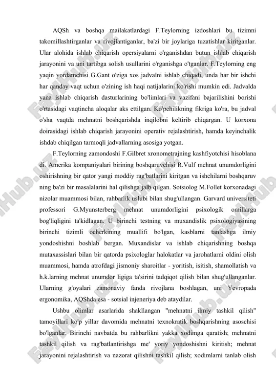 nazorat qilishni tashkil qilish; xodimlarni tanlab olish va tayyorlashni o'tkazish; boshqaruv faoliyatiga mehnat taqsimotini kiritish va ixtisoslashtirilgan xodimlar bo'linmalarini ajratish haqidagi qoidalardir. texnokratik boshqaruv g.ford zavodlarida yuqori darajada rivojlangan. uzluksiz-konveyerli ishlab chiqarishni puxta tashkil qilish, rahbarlikni markazlashtirish va mehnatga ilmiy yondoshish tufayli g.ford va boshqa kompaniyalardagi uning izdoshlari ishlab chiqarish xarajatlarini ancha pasayishi va ishlab chiqishni oshishiga erishganlar. fordizm o'sha vaqtda mehnatni texnokratik boshqarishning o'zining namoyon bo'lishi bo'yicha eng obro'li texnik-iqtisodiy va sotsial jihatlari bilan jipslashib ketgan. 30-40 yilarda tadbirkorlarning e'tiborini e.meyo, f.rotlisberger kabi sanoat psixologlari va sotsiologlarining tavsiyalari o'ziga jalb qilgan. ularning yordam larida korporatsiyalarning xizmatlari, xodimlarni unumdorlikni oshirishga faollash tirish, korxonalardagi sotsial muhitni yaxshilash va mehnatkashlar va ma'muriyat o'rtasidagi nizolarni yumshatishga harakat qilganlar. o'sha davrda sotsial-psixologik usullar mehnatni texnokratik boshqarishning asoslarini o'zgartir maganlar, faqat uning shakli turli tumanroq bo'lgan. ushbu davrda g'arbiy mamlakatlarda yollanma mehnatdan foydalanish sohasiga davlatning ta'siri kuchaygan. asosiy yo'nalishlardan biri - sanoatda bandlikning umumiy tamoyillari …