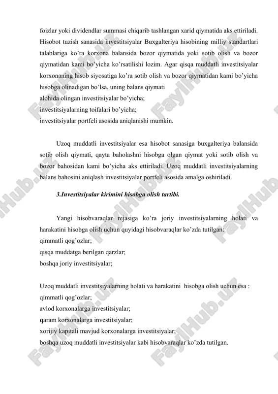 bo’sh mablag’idan 1 yilgacha muddat ichida unumli foy-dalanishni ko’zda tutgan «a» kompaniyasi tez rivojlanib borayotgan boshqa bir kompaniyaning nominal qiymati 1000 so’m bo’lgan 500 ta aktsiyasining har birini 1100 so’mdan, «sek’yur invest» brokerlik tashkiloti orqali sotib oldi. bu xizmat uchun brokerlik tashkilotiga shartnoma summasining 5% miqdorida, bank xizmati uchun esa 1 % miqdorida xaq to’ladi. shunga ko’ra qisqa muddatli investitsiyaning xarid qiymati 583000 so’mni tashkil qildi. [ 550000 +( 550000 x 5 % ) +(550000 x 1% )= 583000 co’m] bu xo’jalik muomalasiga quyidagi buxgalteriya yozuvi rasmiylashtiriladi: a) pul mablag’lari o’tkazilganda dt «brokerlik tashkiloti» 577500 dt «bank xizmati» 5500 kt «pul mablag’lari» 583000 b) investitsiyalar qabul qilib olinganda dt «qisqa muddatli investitsiyalar» 583000 kt «brokerlik tashkiloti» 577500 kt «bank xizmati» 5500 investitsiyalar kirimi korxona ta’sischilari tomonidan qilingan badal sifatida ham yuzaga kelishi mumkin. dt «qisqa muddatli investitsiyalar» yoki dt «uzoq muddatli investitsiyalar» kt «тa’sischilarni ustav kapitaliga badallari bo’yicha qarzdorligi» agar …